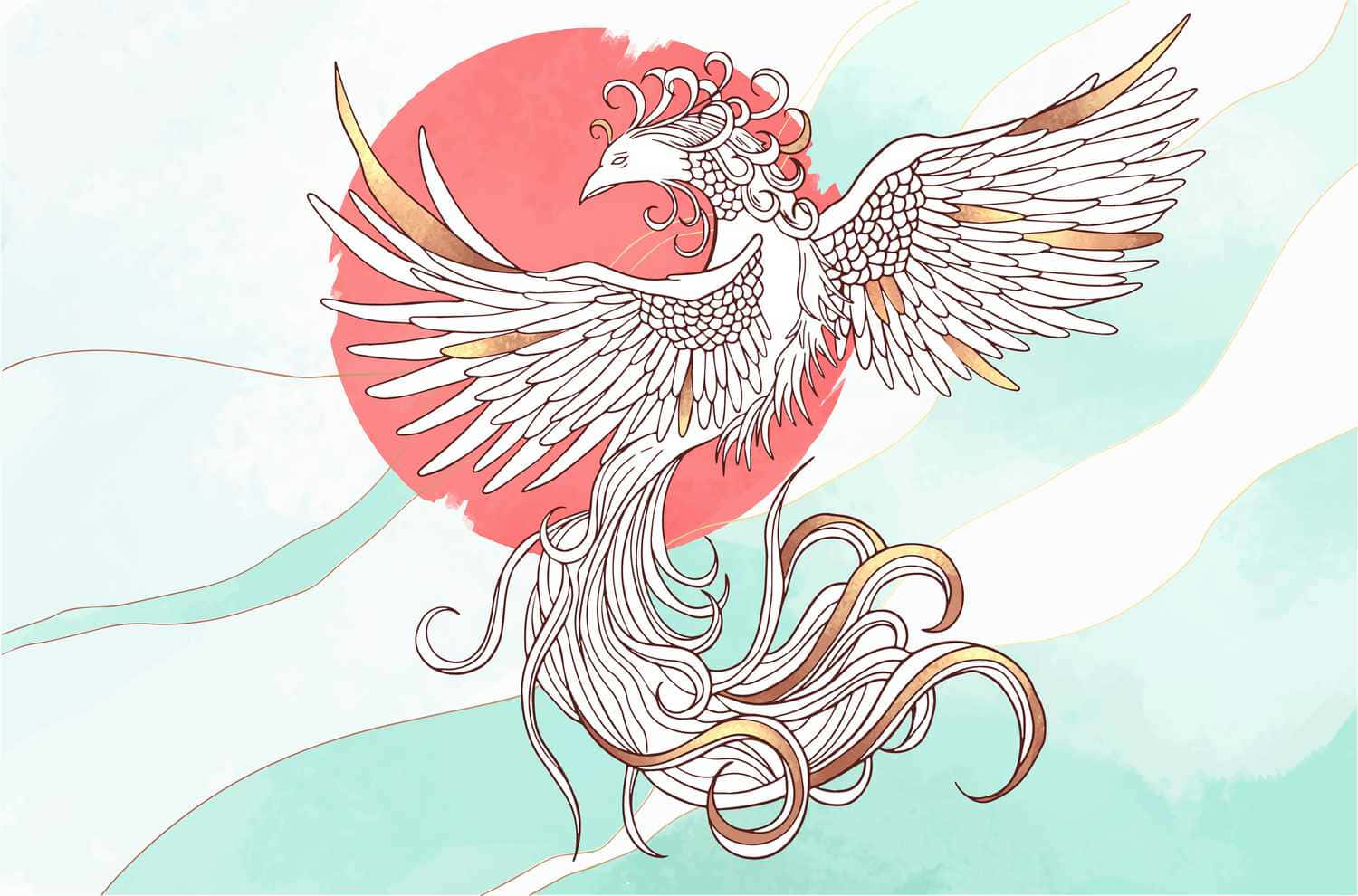 一隻帶有金色羽毛的風格化白色鳳凰，在青綠色雲彩襯托下飛翔於紅日之前。