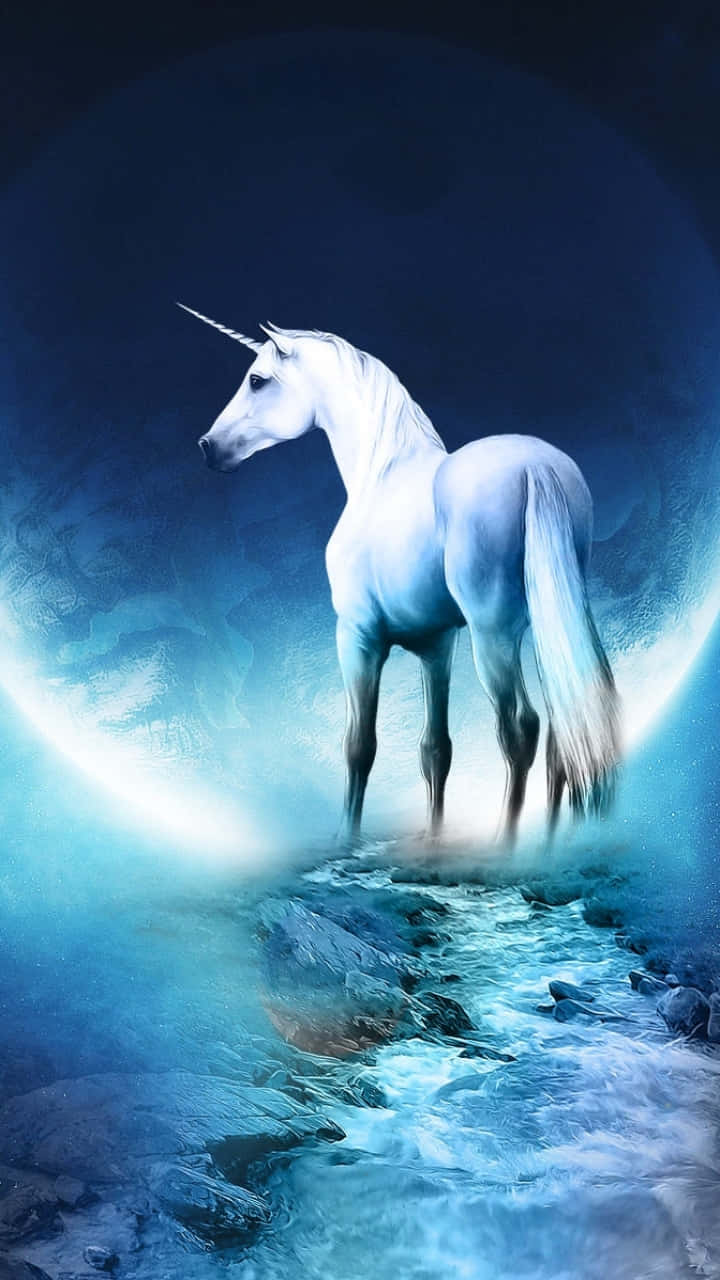  壁紙 — 一匹雄偉的白色獨角獸站在發光的藍色溪流中，在神秘的夜景中，上方是一輪明亮的彎月。