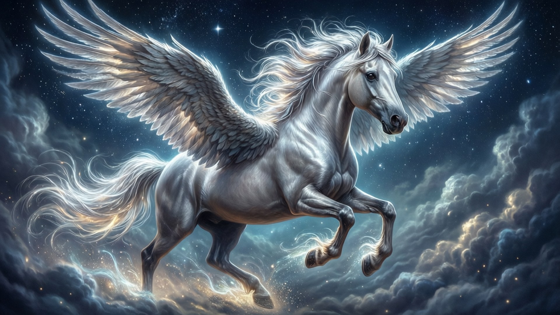 Pegasus 桌布 壁紙 — 一匹雄偉的白色飛馬在星光燦爛的夜空中奔馳，伴隨著發光的雲彩和宇宙之光。
