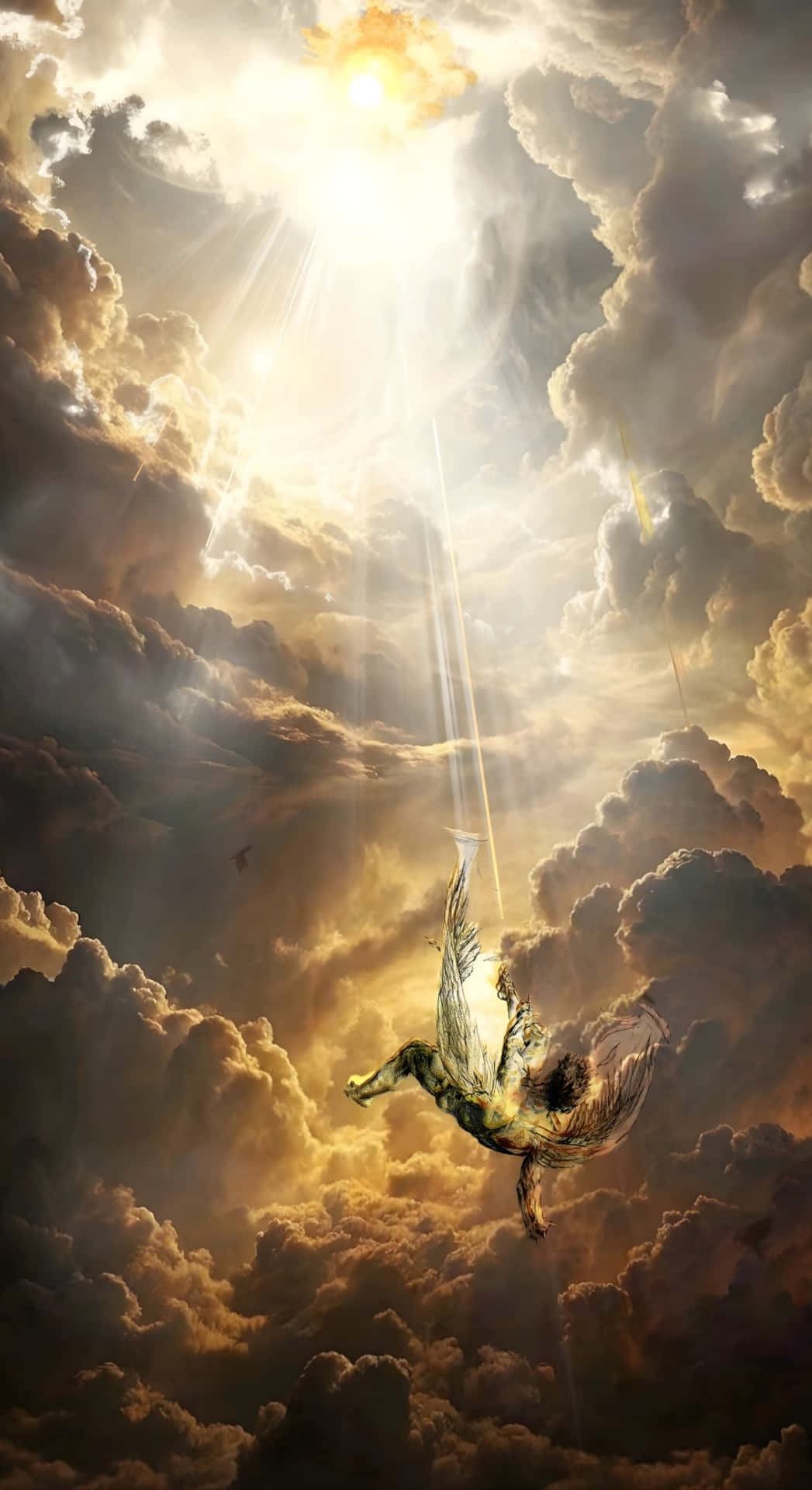  壁紙 — 一個莊嚴的有翼身影穿過金色雲層向上飛翔，朝向燦爛的太陽爆發。
