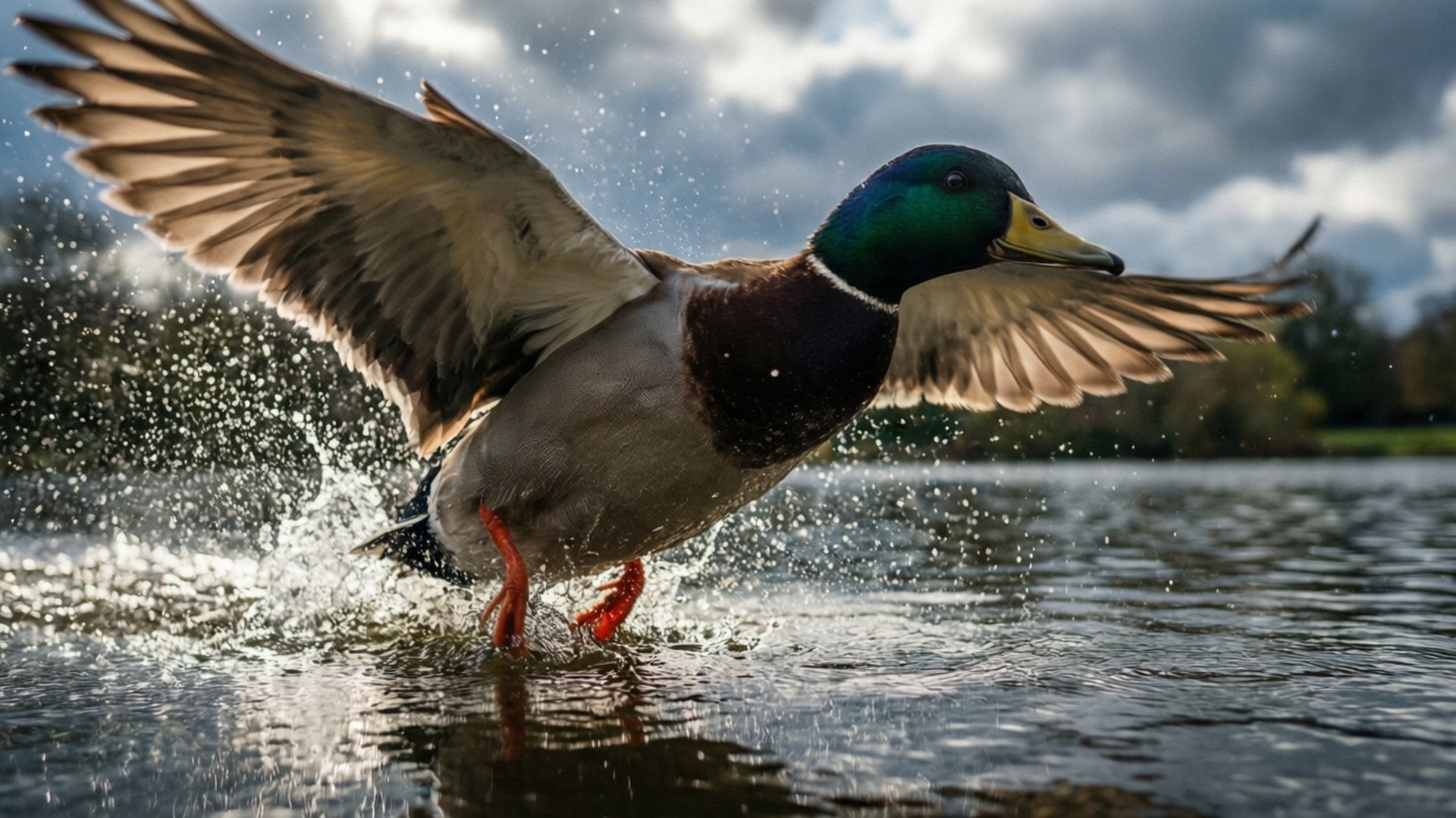 Mallard 桌布 壁紙 — 一隻雄性綠頭鴨從水中起飛，翅膀張開，水滴以戲劇性的慢動作飛濺。