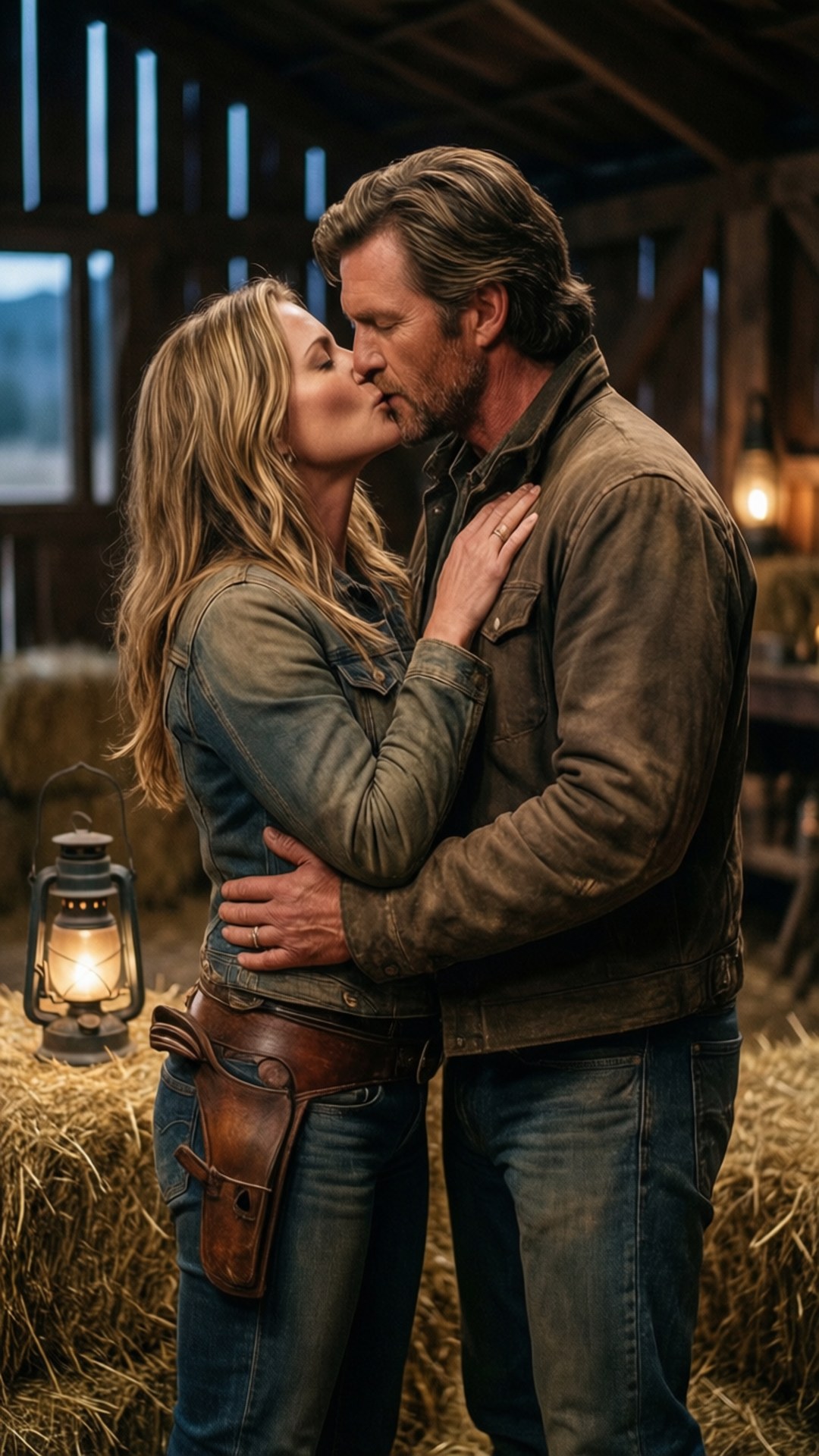 Yellowstone Tv Show 桌布 壁紙 — 一男一女在一個由發光燈籠和乾草捆照亮的鄉村穀倉中親吻。
