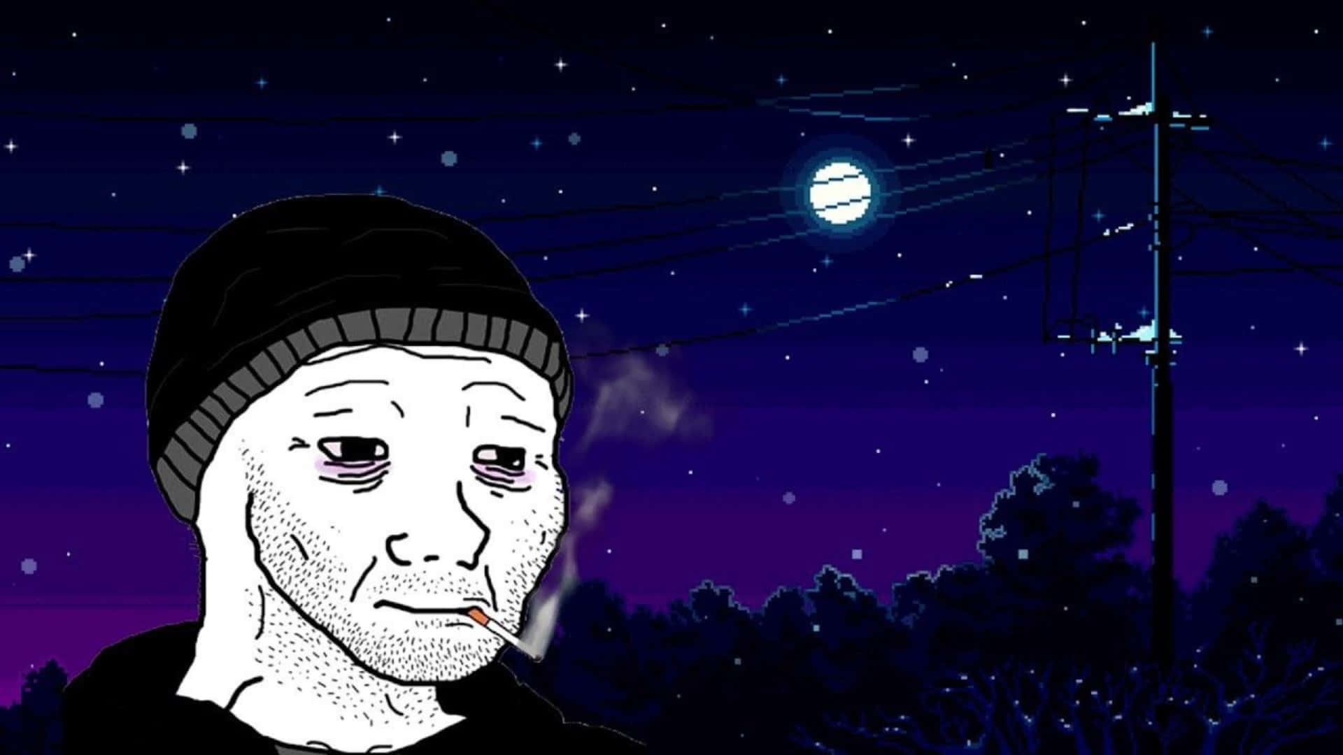  壁紙 — 一個戴冷帽嘅男人喺滿月同電線嘅星空下食煙。
