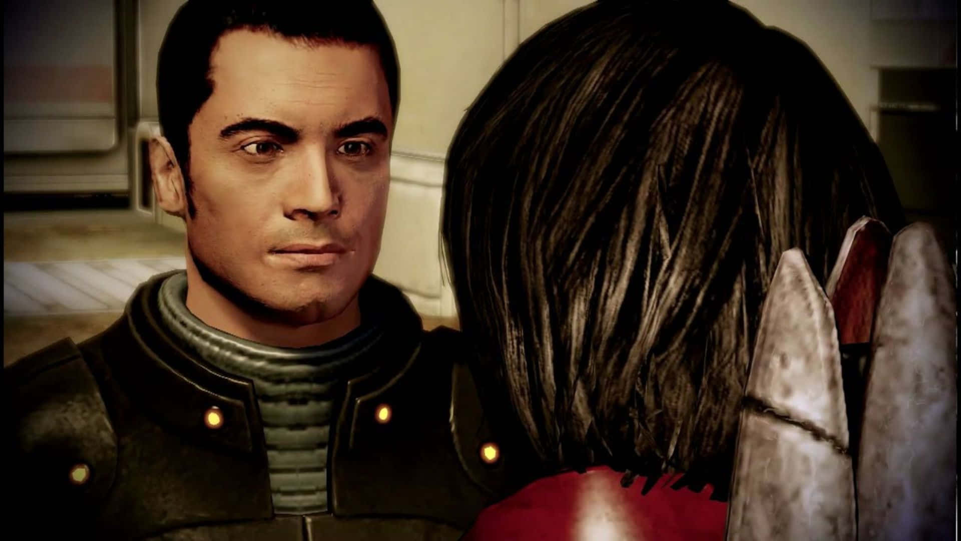 Kaidan Alenko 桌布 壁紙 — 一個身穿深色盔甲的男人專注地凝視著一個從背後看到的深色頭髮的女人，在一個光線昏暗的室內。