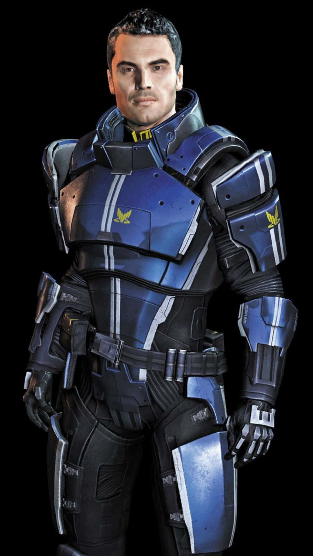 Kaidan Alenko 桌布 壁紙 — 一個穿著精細藍黑色未來盔甲的男人自信地站在黑色背景前。