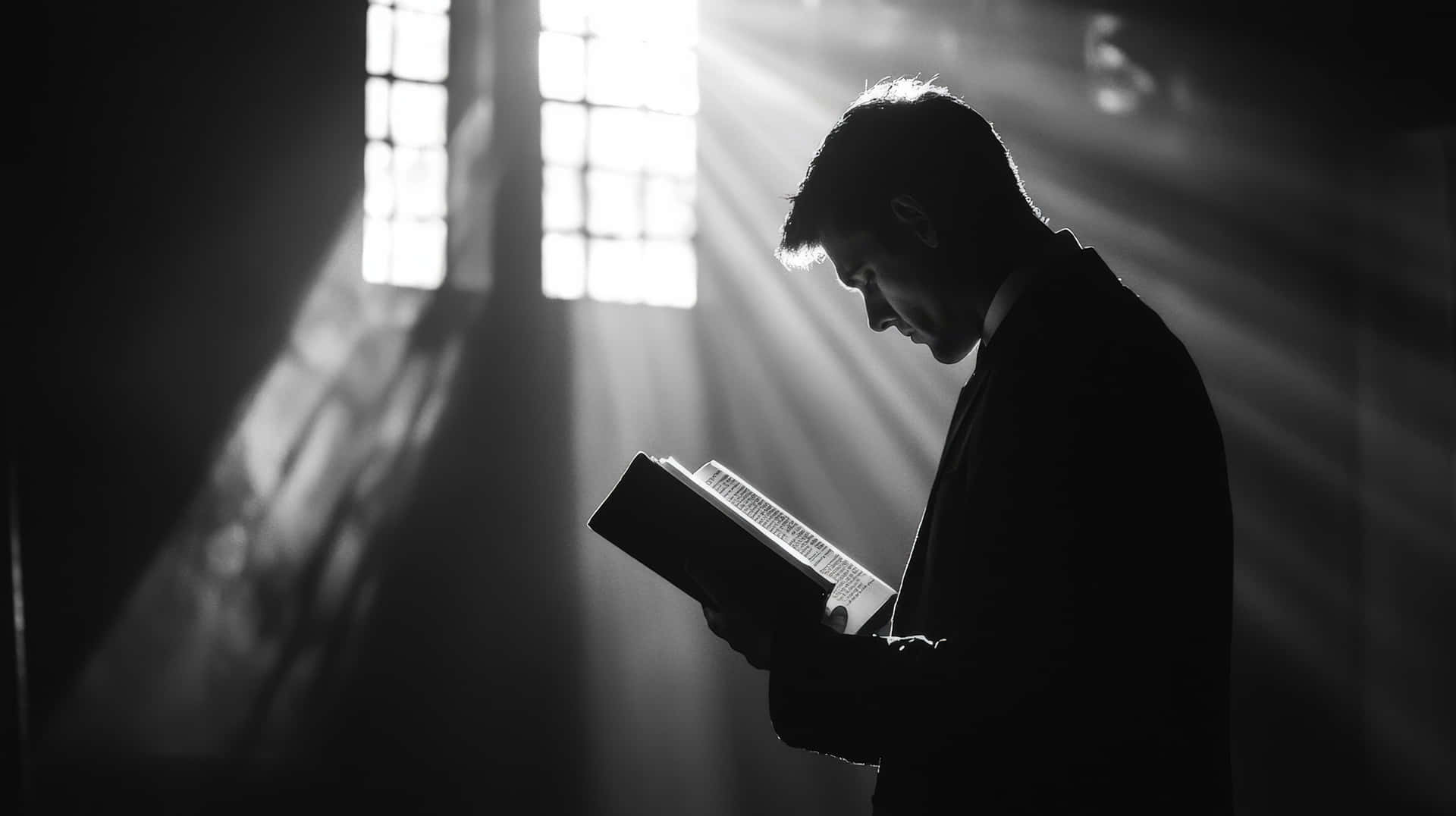 男人在光線昏暗的教堂裡閱讀一本書，陽光透過窗戶照射進來。
