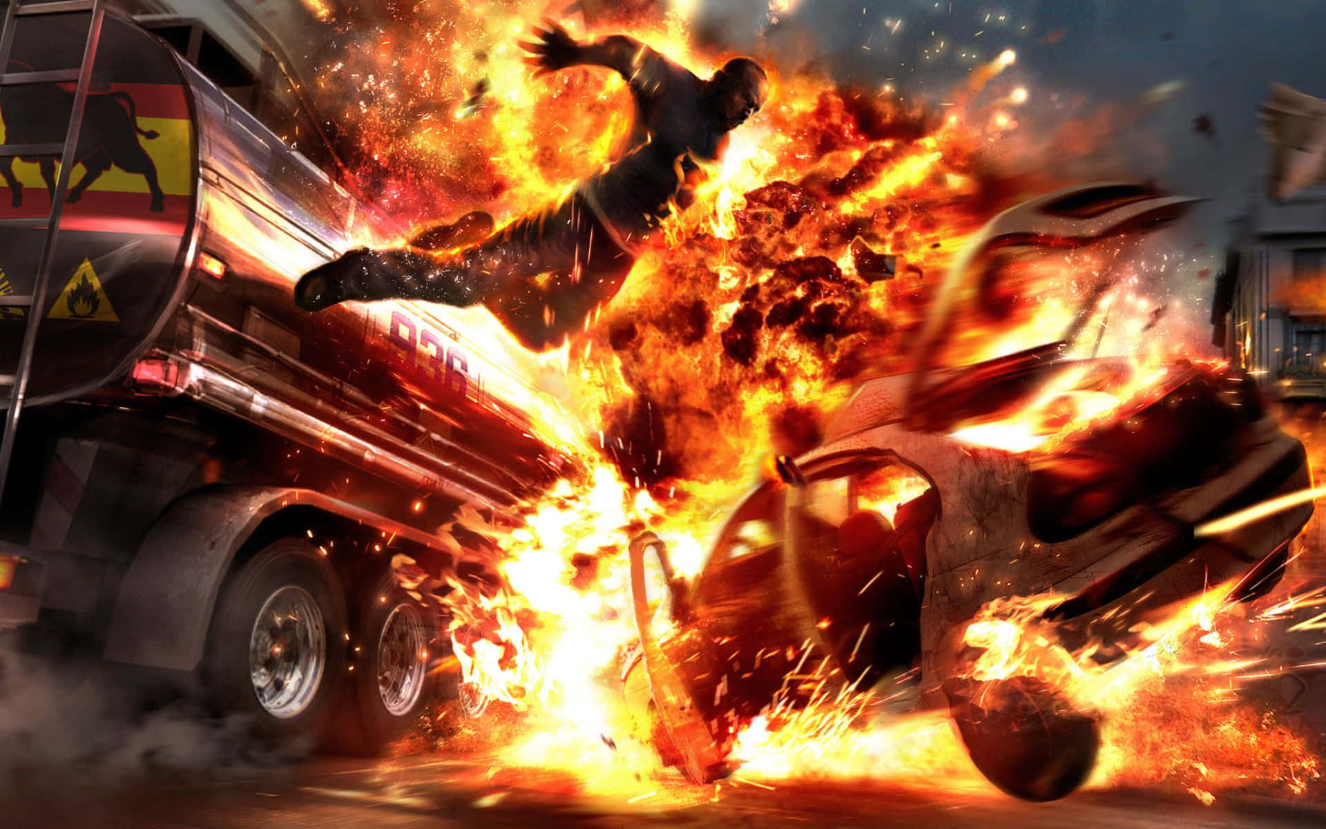 一名男子在空中飛翔，車輛在猛烈撞擊中爆炸起火。