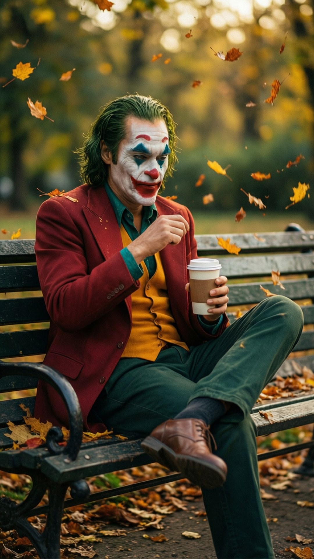 一個化著小丑妝的男人坐在公園長椅上，手持咖啡杯，秋天的樹葉在他周圍旋轉。