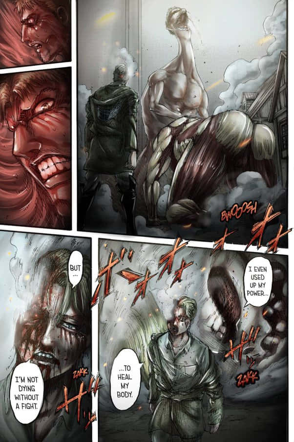  壁紙 — 一個漫畫格顯示一名受傷的士兵在煙霧和瓦礫中面對一個巨大的巨人，表情強烈，並伴有戲劇性的音效。