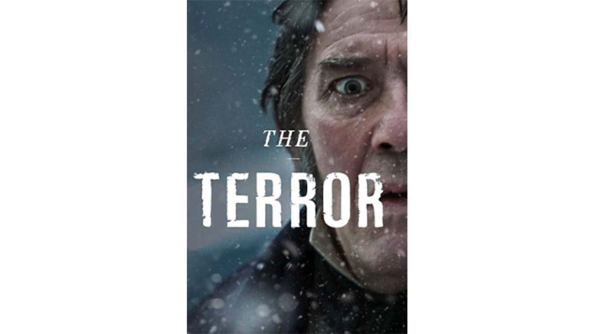  壁紙 — 一個男人驚恐的臉孔透過飄落的雪花凝視，標題「THE TERROR」以粗體白色字母呈現。