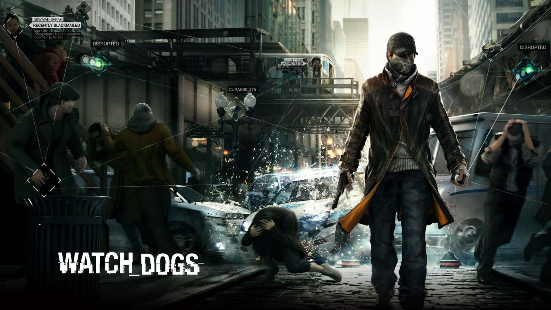 在《Sleeping Dogs》中殲滅敵人 壁紙 — 一位戴面具的主角穿過混亂的城市街道，身後一輛汽車爆炸，周圍是驚慌的平民和數碼疊加效果。