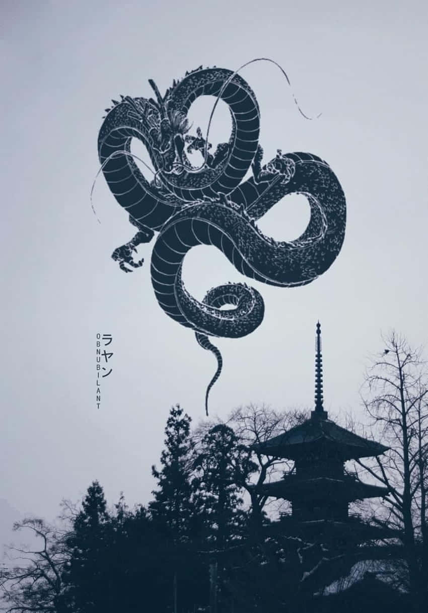  壁紙 — 一條巨大的黑色水墨龍盤旋在傳統日本寶塔上方，背景是淺灰色的天空。