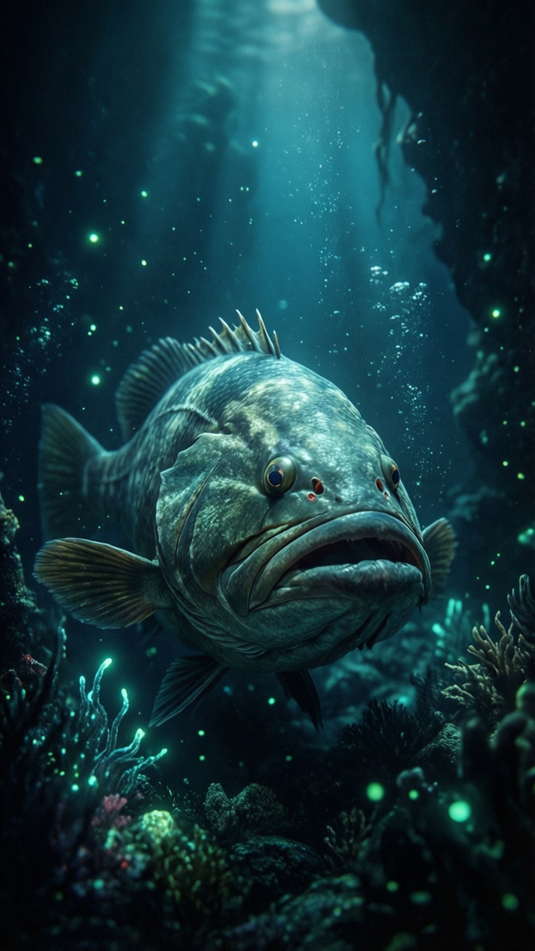 一條大眼睛發光的大魚在黑暗的水下洞穴中靠近珊瑚游動。