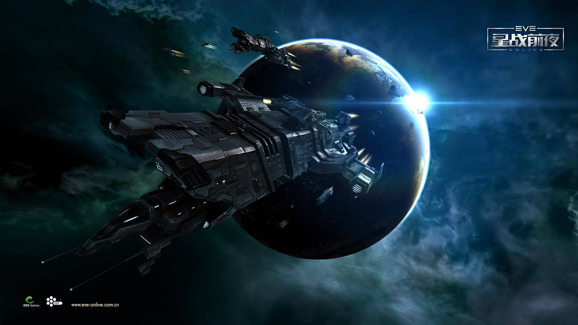未來太空船在充滿星雲的太空場景中圍繞一顆發光的行星運行。