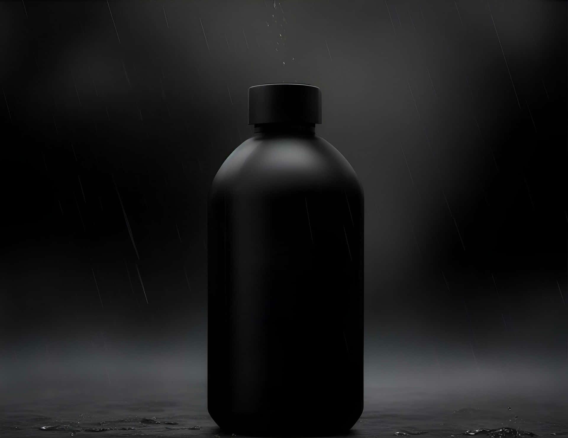 壁紙 — 一個霧面黑色瓶子獨自立在黑暗的雨景中，周圍有水滴落下。