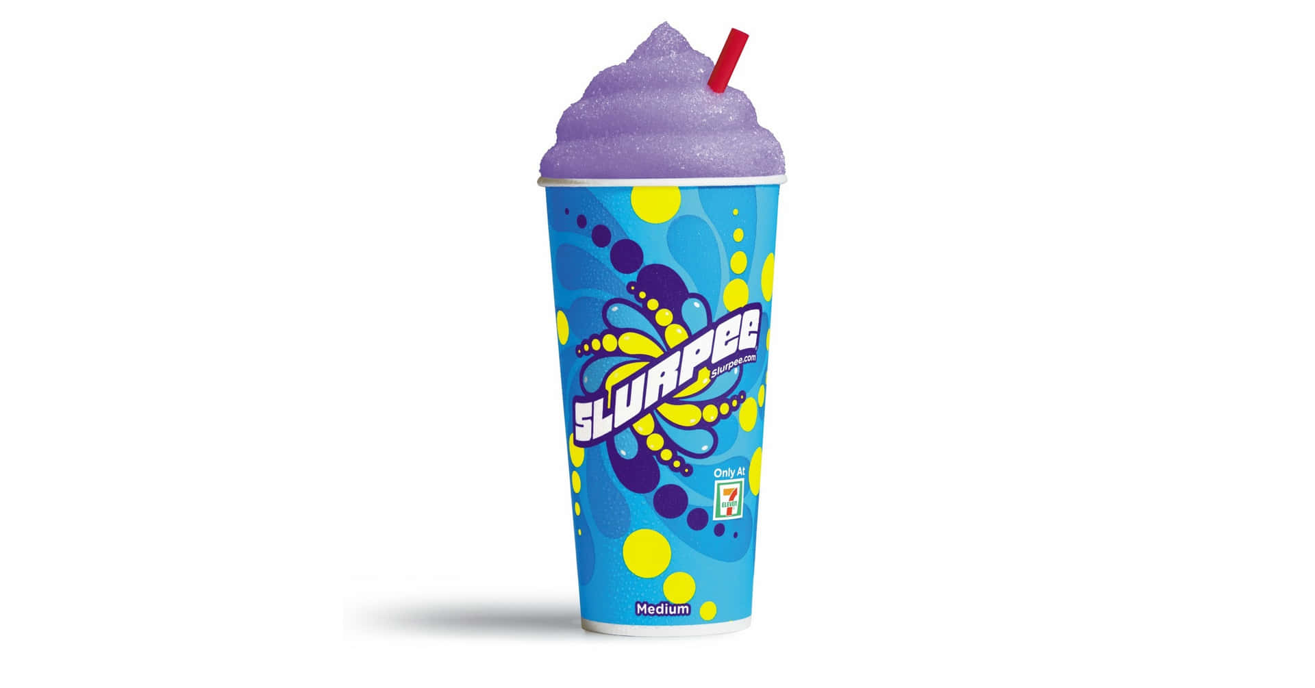  壁紙 — 一杯中紫色嘅Slurpee，插住紅色飲管，放在一個飾有黃色圓點同品牌標誌嘅鮮藍色杯中。