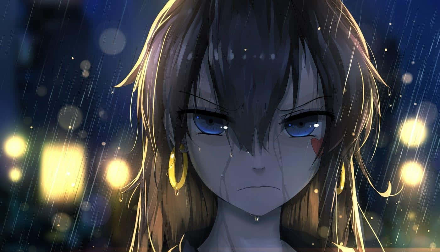  壁紙 — 一個藍眼睛黑頭髮的憂鬱動漫女孩在雨中哭泣，背後是閃爍的城市燈光。