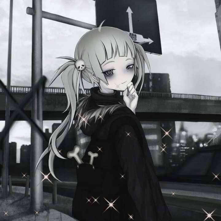 灰色城市景觀中，帶有骷髏髮夾的動漫女孩，伴隨著閃爍的星星。