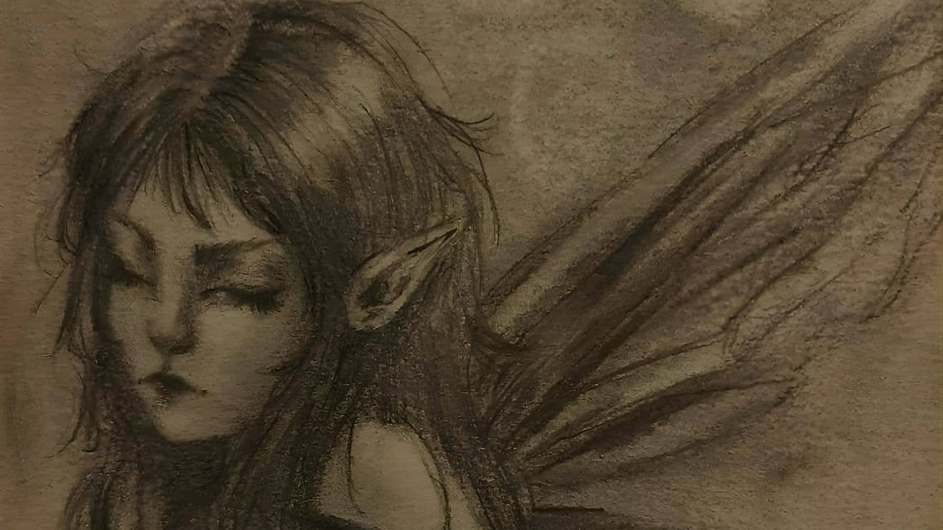  壁紙 — 一個憂鬱的精靈帶著精緻的翅膀，在柔和的炭筆素描中向下凝視。