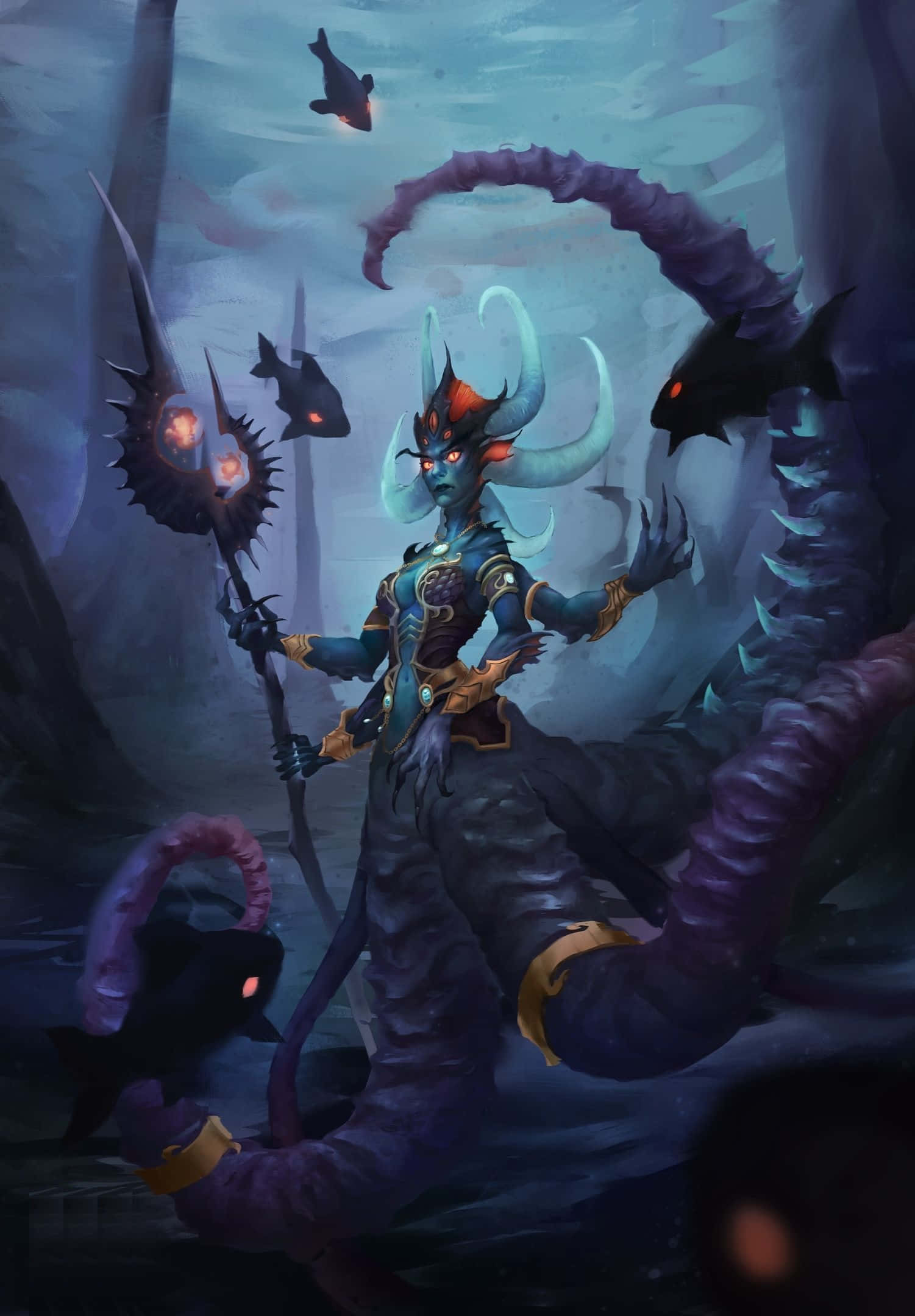 Queen Azshara 桌布 壁紙 — 一個令人畏懼的藍皮膚海神，擁有發光的紅眼睛和多條紫色觸手，在水下揮舞著帶刺的三叉戟，周圍環繞著黑色的魚。