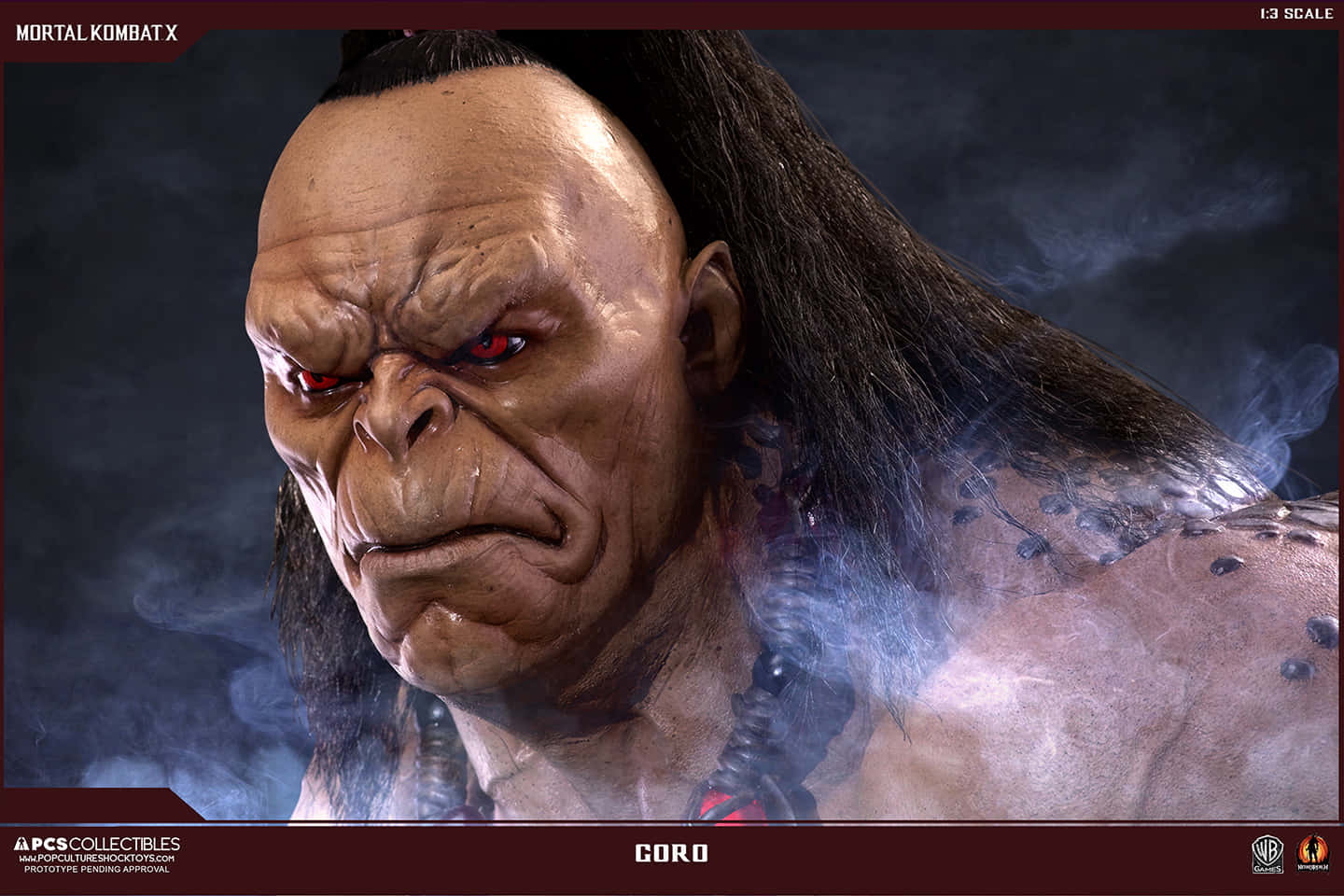 Mortal Kombat Goro 桌布 壁紙 — 《真人快打X》角色Goro的威脅性特寫，眼睛發出紅光，蒸汽從他肌肉發達的肩膀上升起。