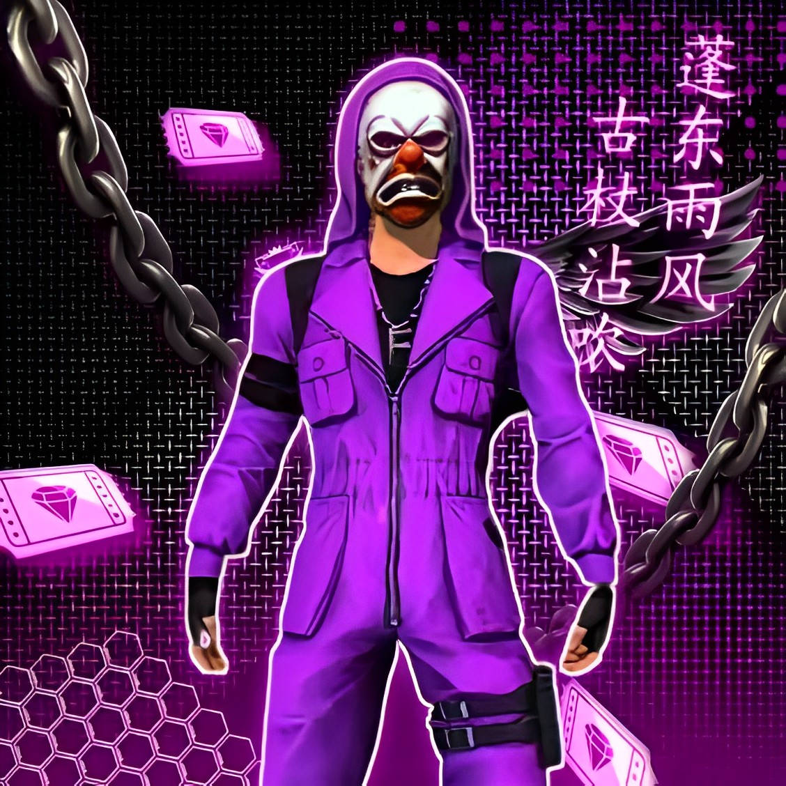 一個穿著紫色衣服的小丑，帶有發光的霓虹效果和漂浮的鑽石卡牌。