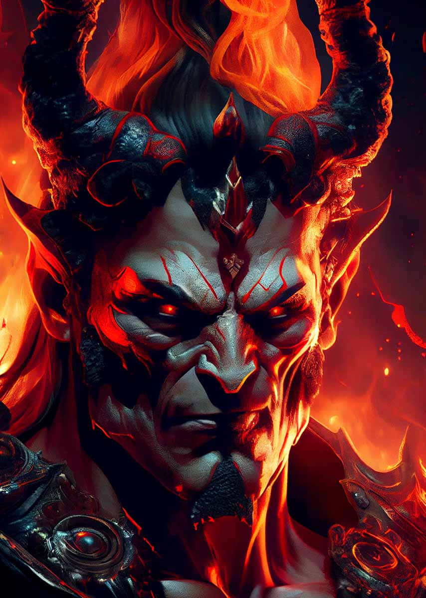  壁紙 — 一個帶有發光紅眼和火焰角的威脅性惡魔形象，從旋轉的火焰中出現，呈現黑暗而強烈的特寫。