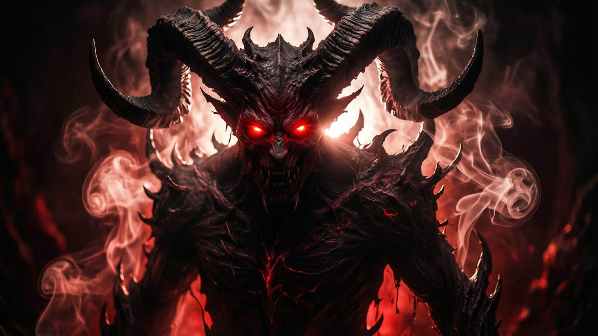 一個帶有發光紅眼和大角的惡魔生物，被火和煙霧包圍。