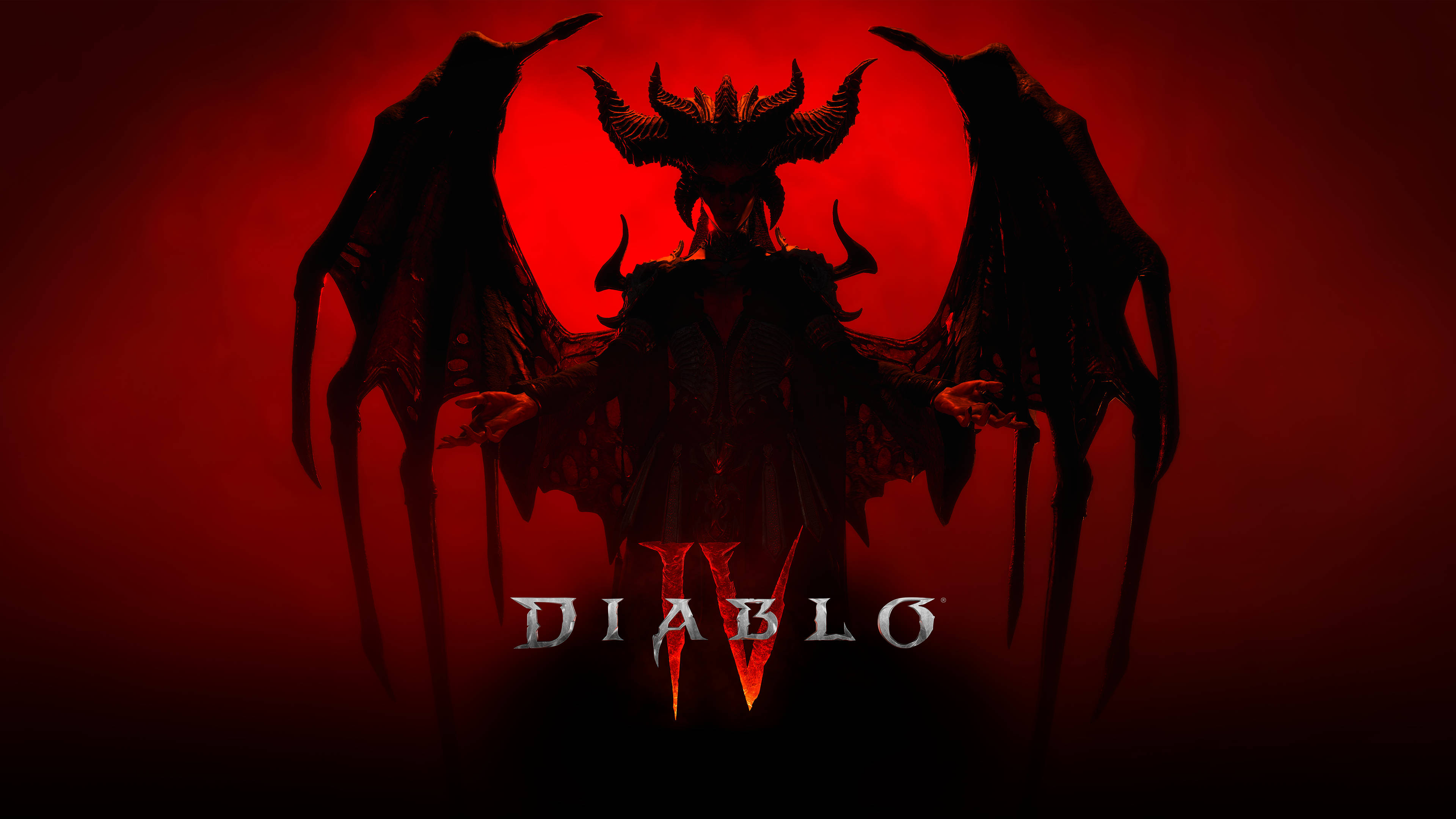 Diablo 4 莉莉絲剪影 壁紙 — 一個帶有大型蝙蝠狀翅膀和角的威脅性惡魔身影，在發光的紅色背景上以剪影呈現，下方有 Diablo IV 標誌。