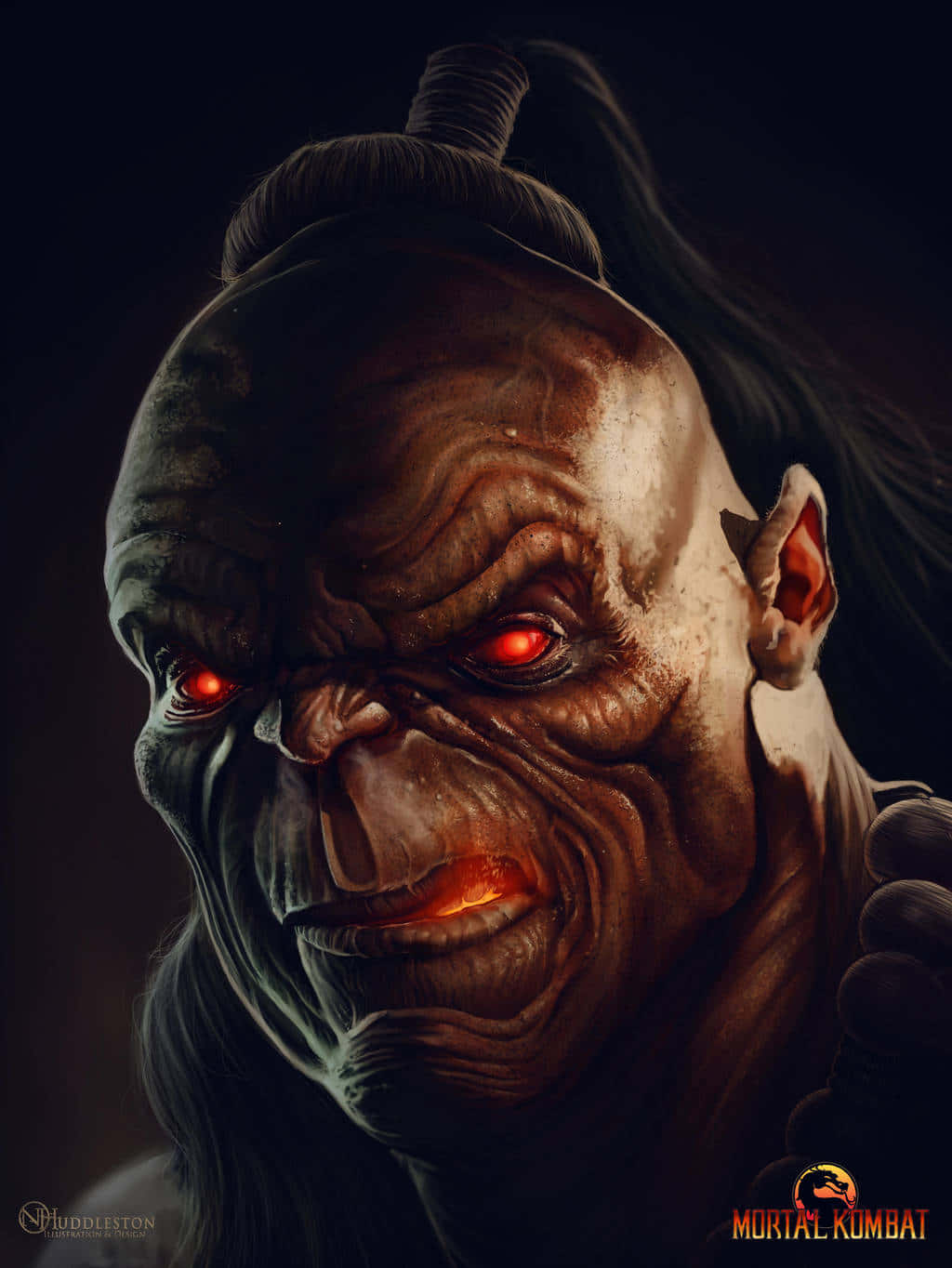 Mortal Kombat Goro 桌布 壁紙 — 一個在黑暗背景下，擁有發光紅眼和火焰嘴巴的怪誕戰士的威脅性數位肖像。