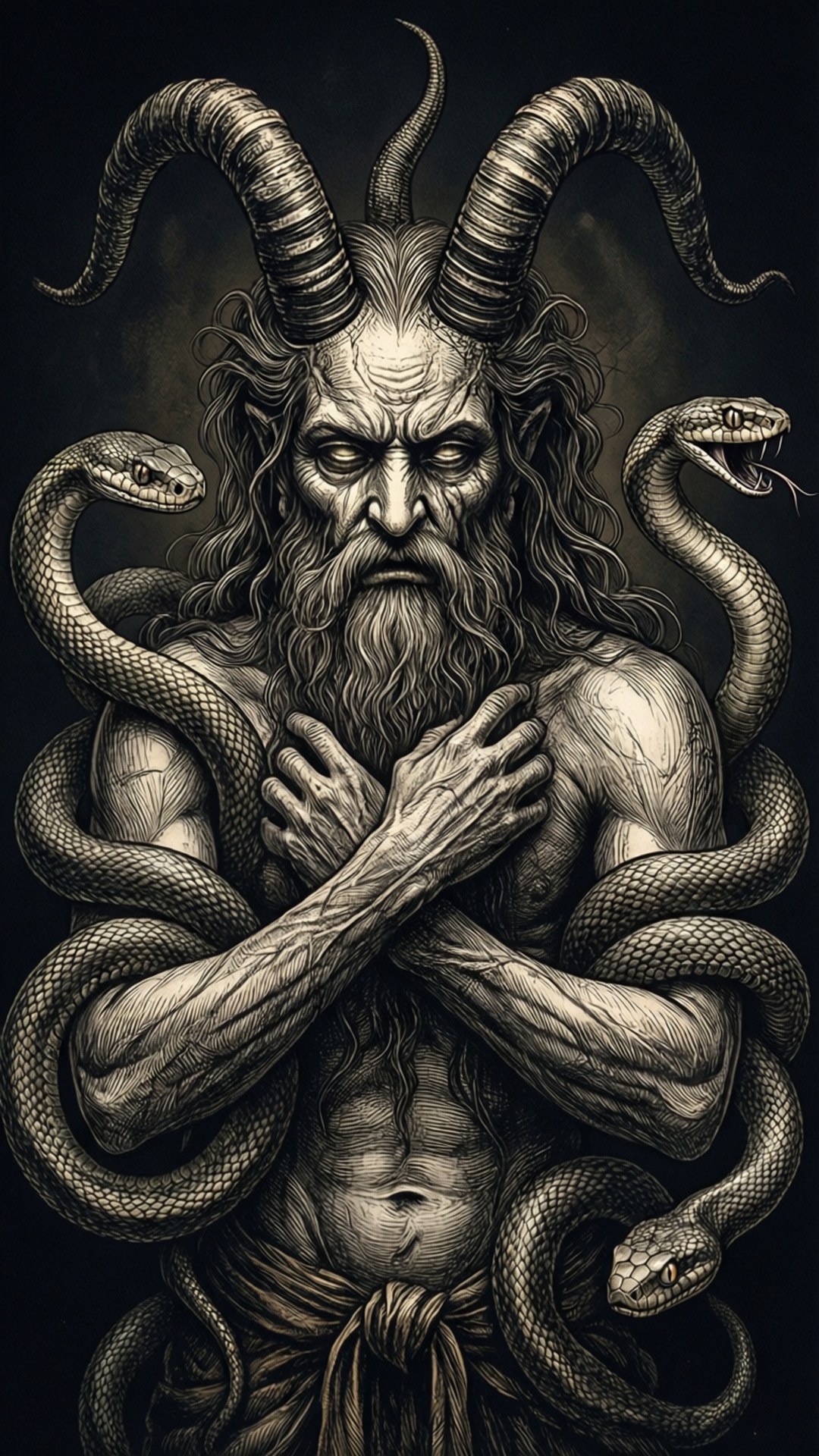 一個有角的惡魔形象，與多條蛇纏繞在一起，以深色黑白插圖呈現。