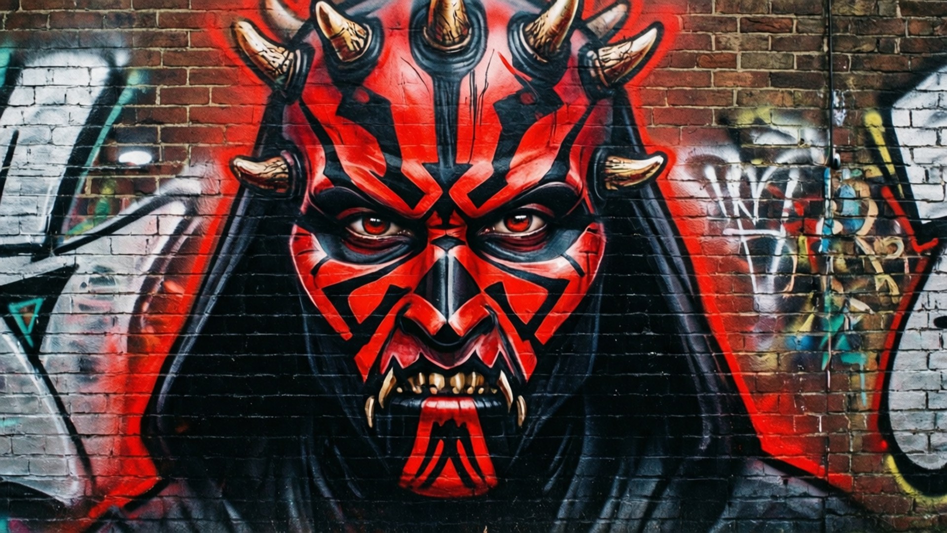 達斯魔 桌布 壁紙 — 一幅帶有鋒利角和發光眼睛的威脅性紅黑色Darth Maul塗鴉壁畫，繪於風化的磚牆上。