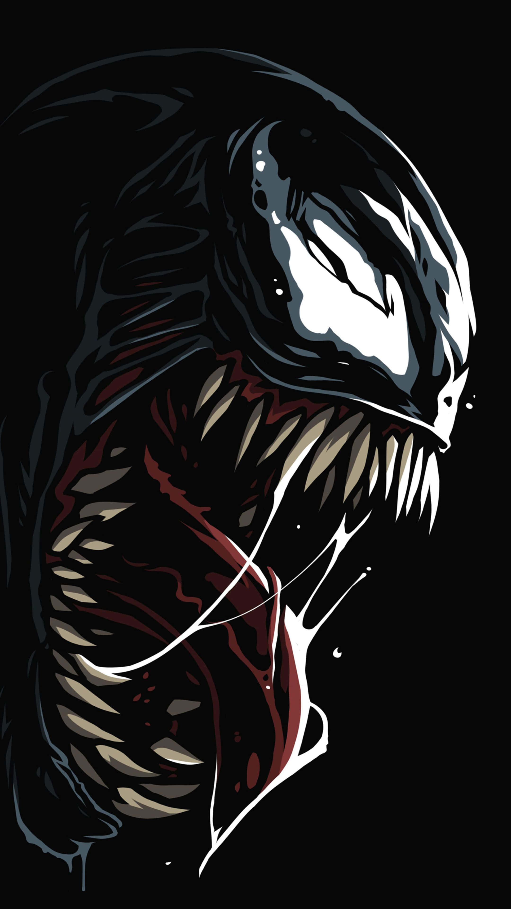 Venom Comic Book 桌布 壁紙 — 一個帶有尖牙和發光白色眼睛的威脅性毒液角色，在黑色背景下強烈凝視。