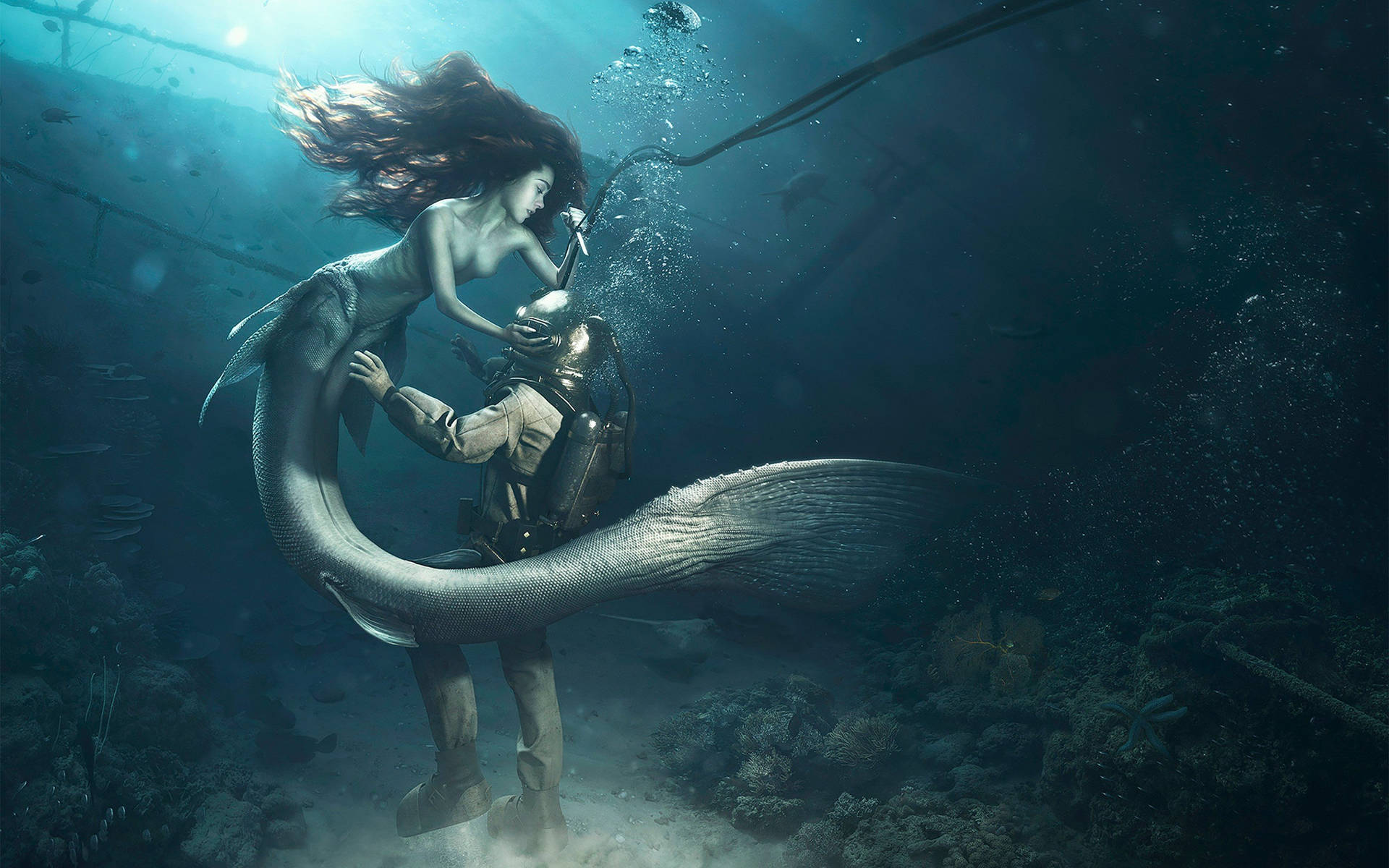 一條美人魚在水下沉船內與一名潛水員互動。