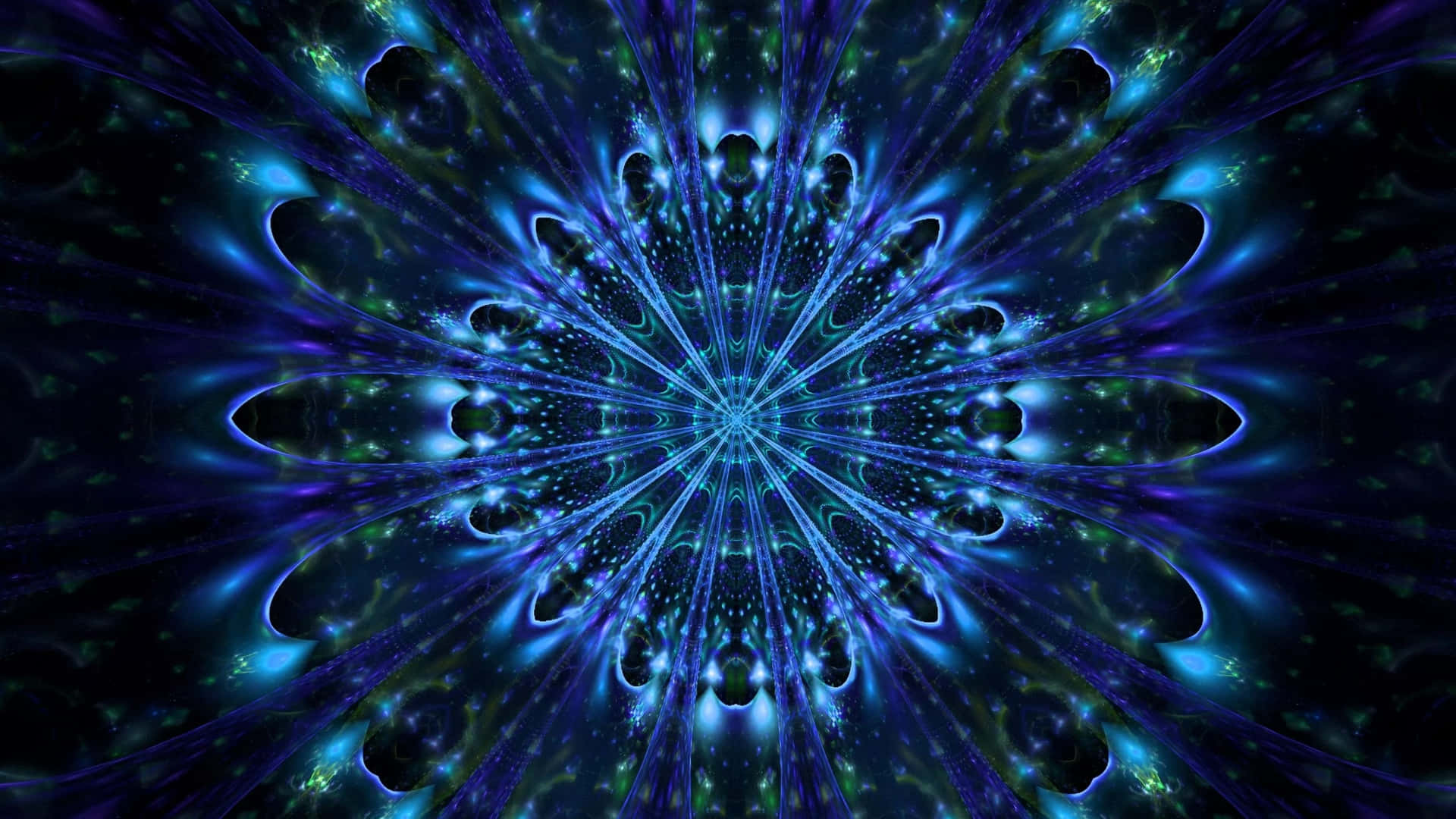  壁紙 — 一個迷人的藍色和紫色分形曼陀羅，在黑暗的宇宙背景下向外輻射，帶有發光的對稱圖案。