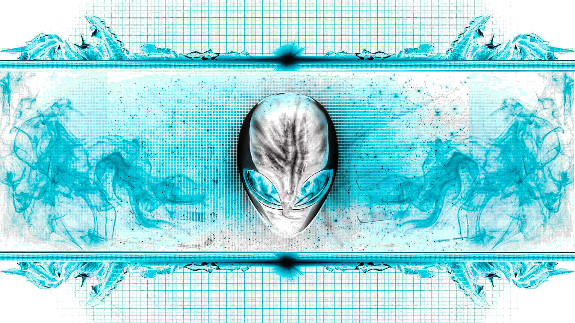  壁紙 — 一個金屬外星人頭部，帶有發光的藍色眼睛，居中於帶有抽象煙霧漩渦的青色網格背景上。