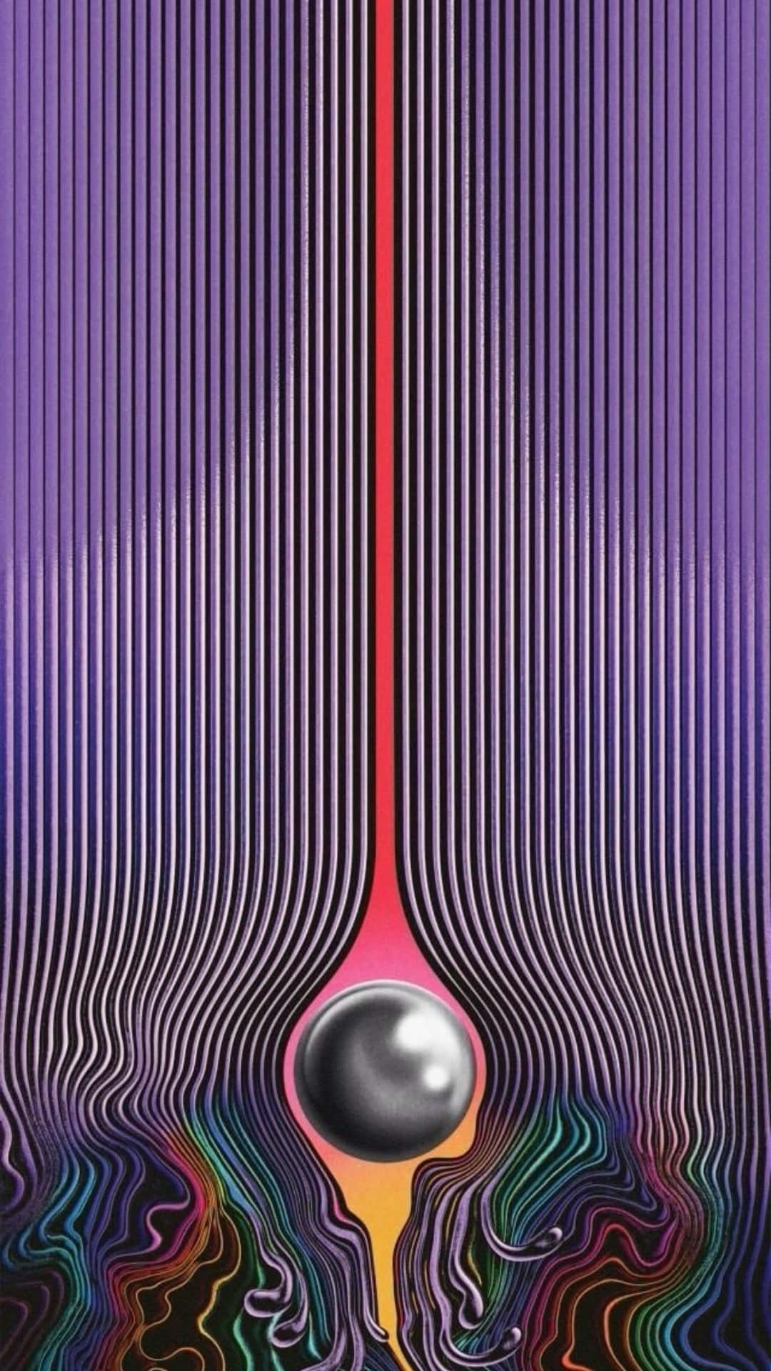  壁紙 — 一個金屬球體懸掛在一條發光的紅線上，周圍是流動的紫色和彩虹色抽象波浪。
