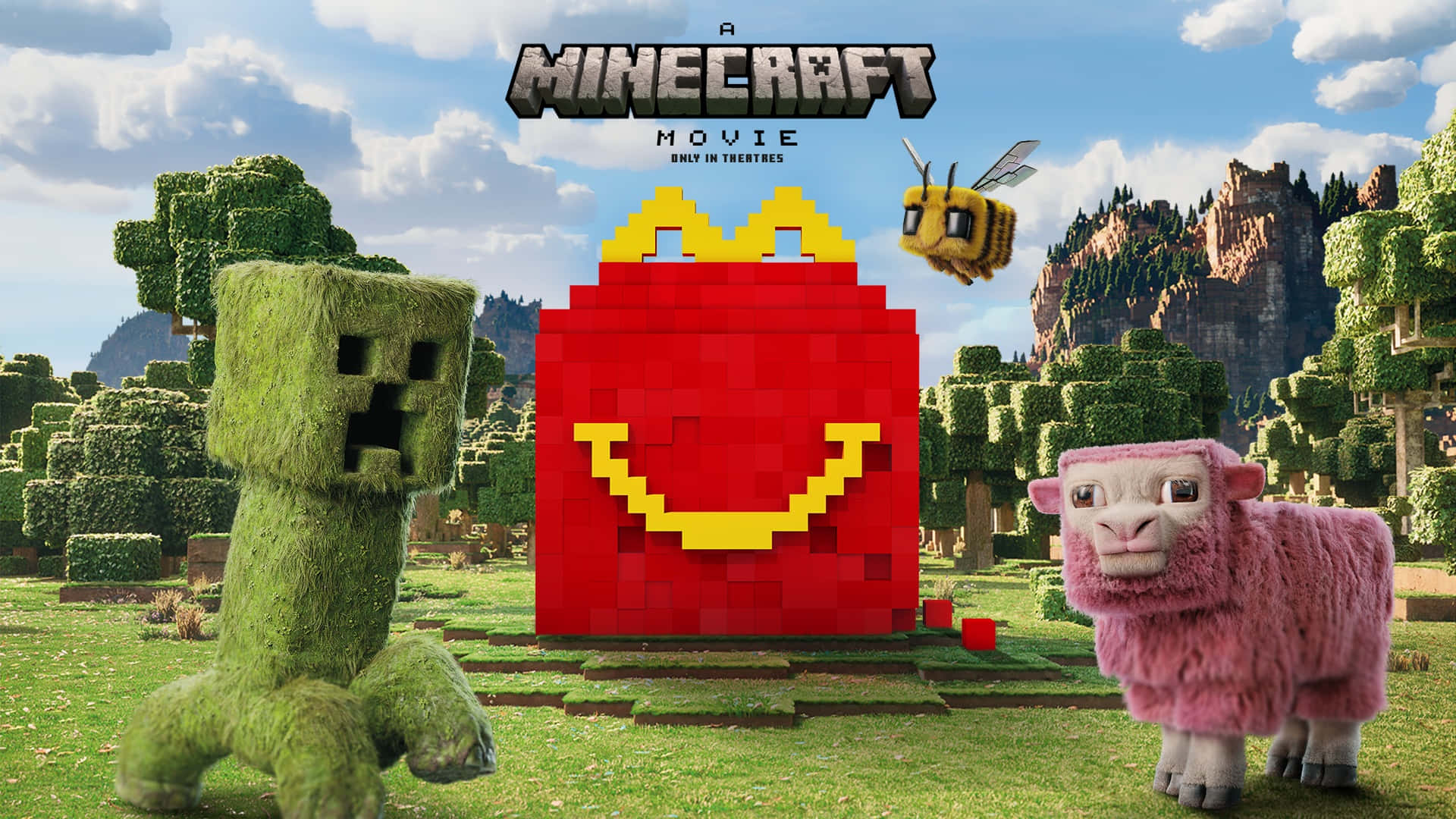  壁紙 — 一張Minecraft電影海報，展示一個像素化的麥當勞開心樂園餐盒，以及苦力怕、羊和蜜蜂在方塊狀的草地景觀中。