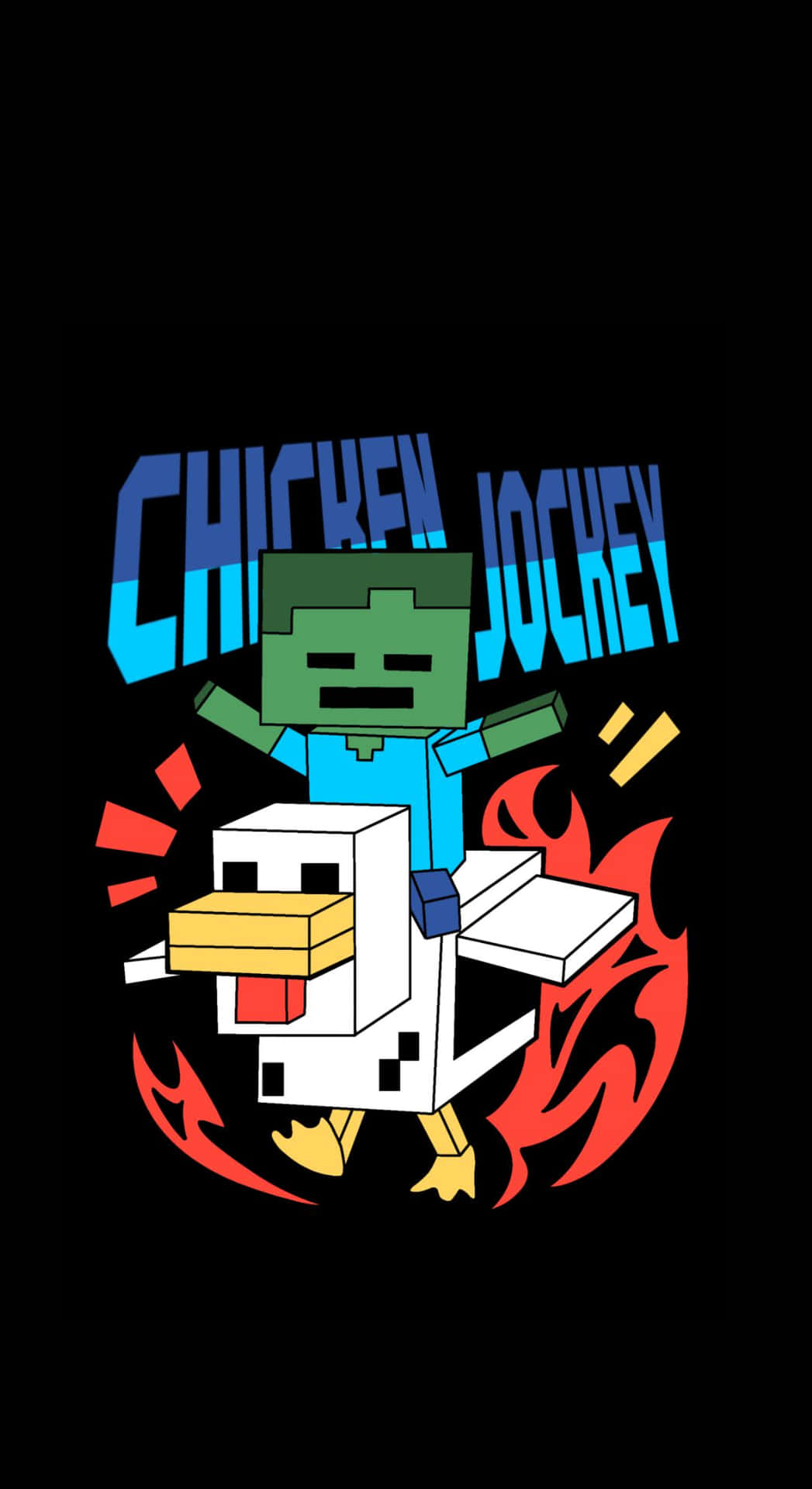  壁紙 — 一個Minecraft喪屍騎師騎著雞，背後有火焰，下方是粗體藍色文字。