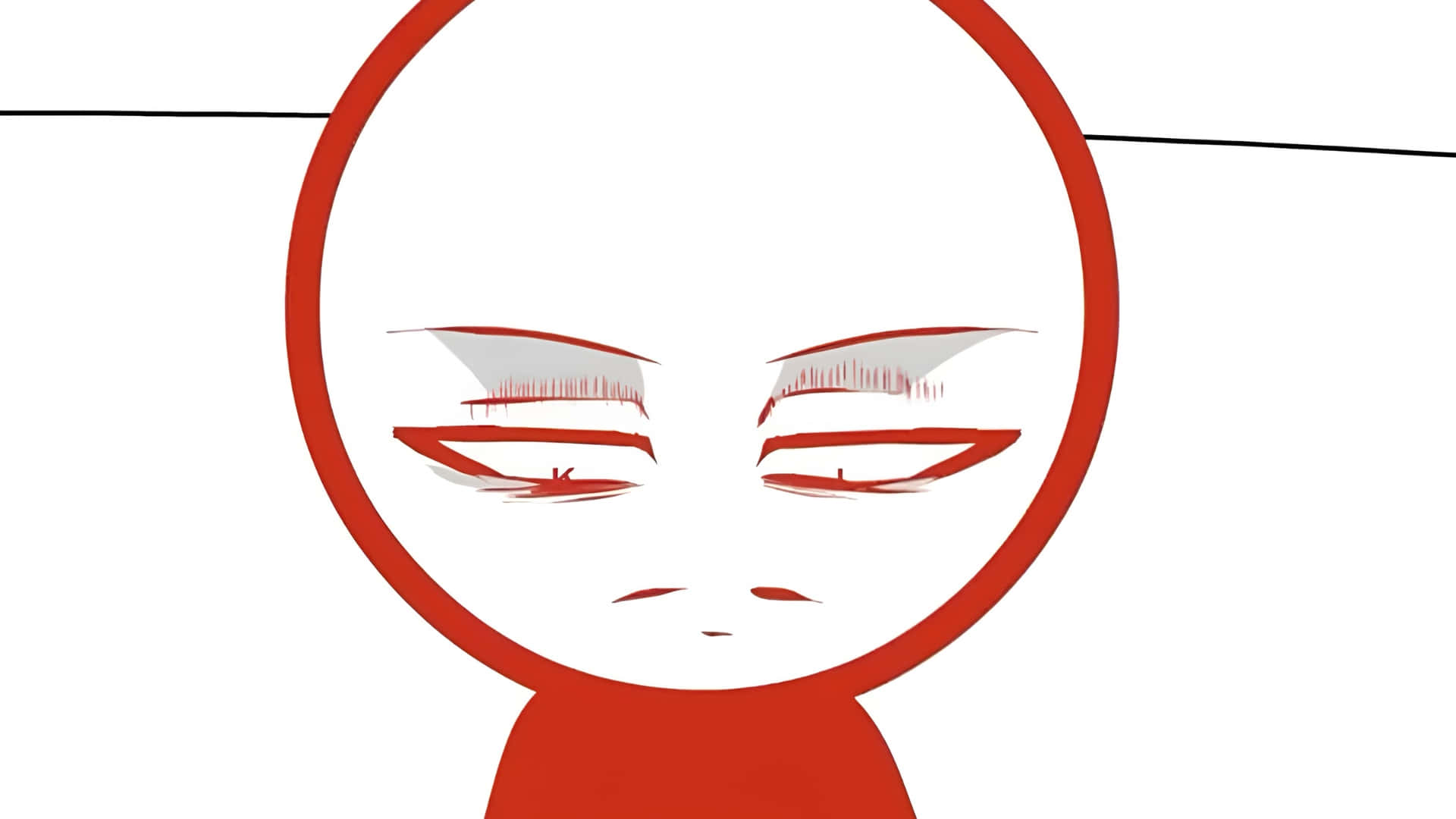  壁紙 — 一個極簡風格的動漫角色，紅色眼睛和眉毛位於白色背景上的紅色圓圈內。