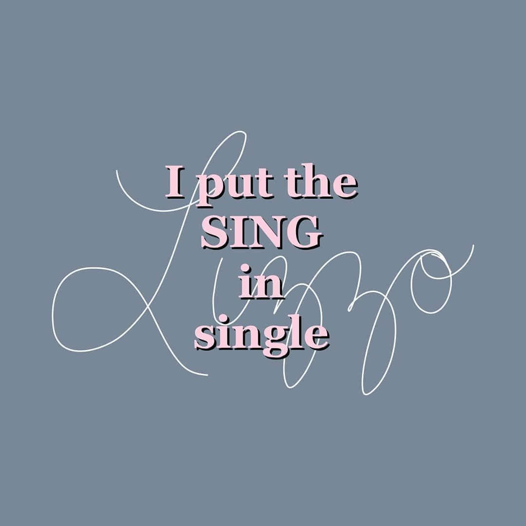  壁紙 — 簡約圖形，粉紅色文字寫著「I put the SING in single」，背景為柔和藍灰色，帶有白色手寫花體裝飾。