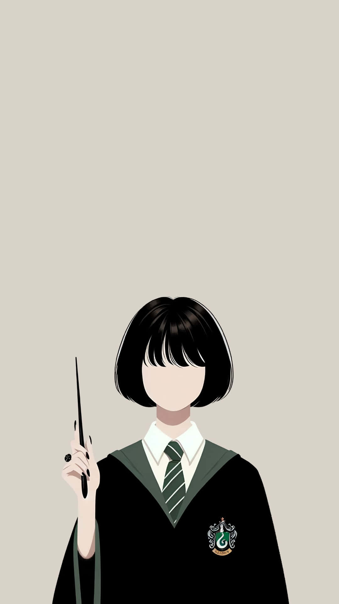  壁紙 — 一個極簡插圖，描繪一個穿著史萊哲林長袍的人，在純米色背景前拿著魔杖。