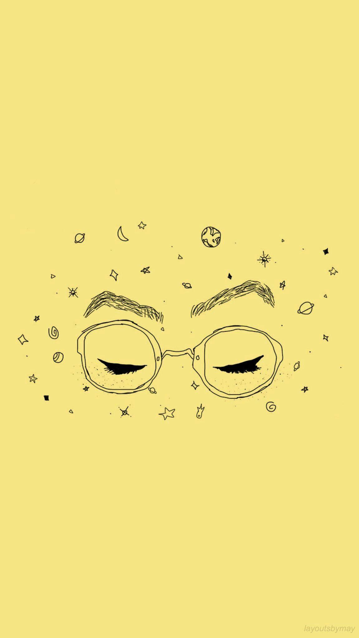 星星與行星眼鏡 美學素描 壁紙 — 在純黃色背景上，一幅極簡線條畫，描繪戴眼鏡的閉眼，周圍環繞著宇宙塗鴉。