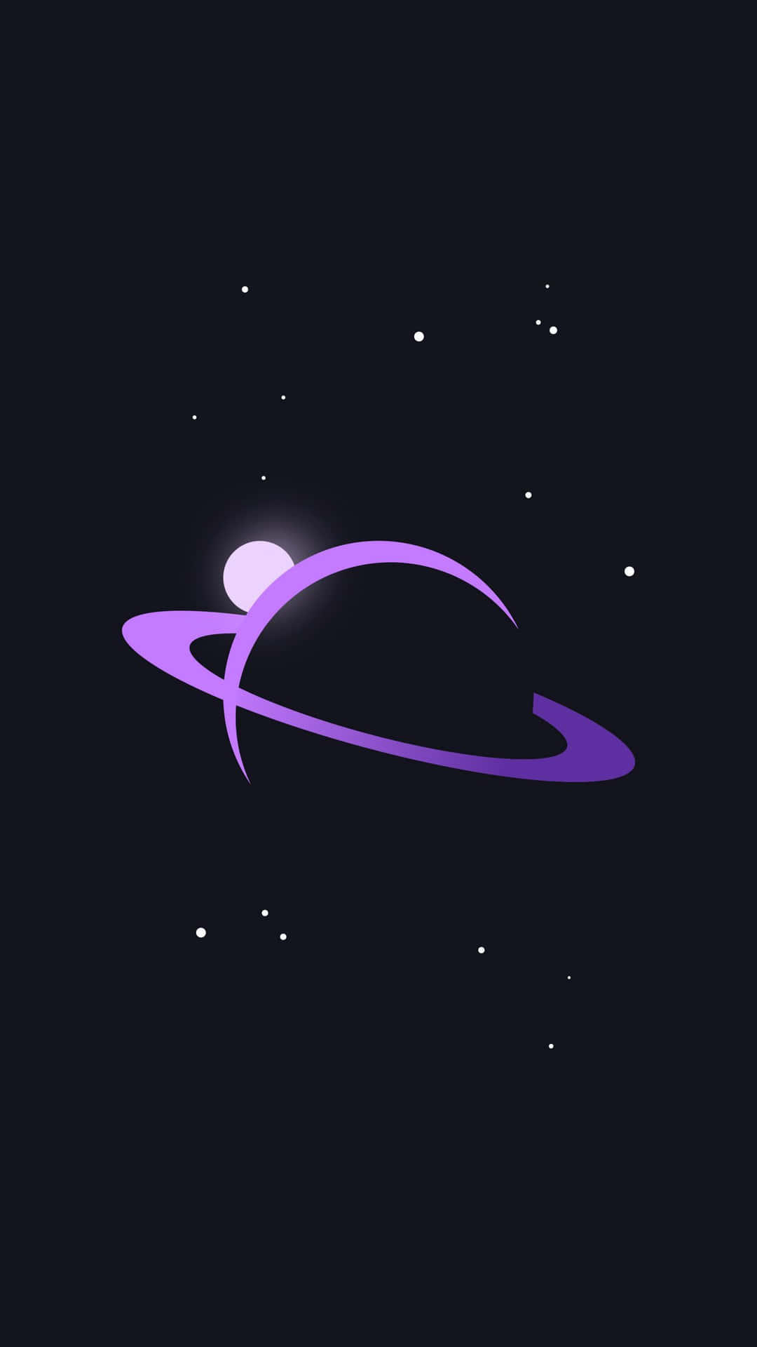  壁紙 — 一個帶有發光環的簡約紫色行星漂浮在繁星點點的黑暗夜空中。