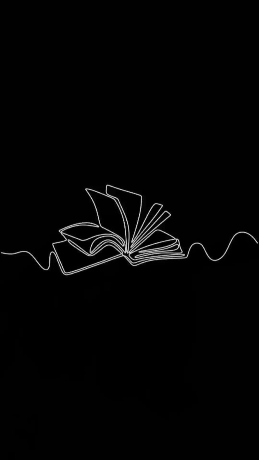 Dark Book Aesthetic 桌布 壁紙 — 黑色背景上帶有波浪線的打開書本的極簡白色線條畫。