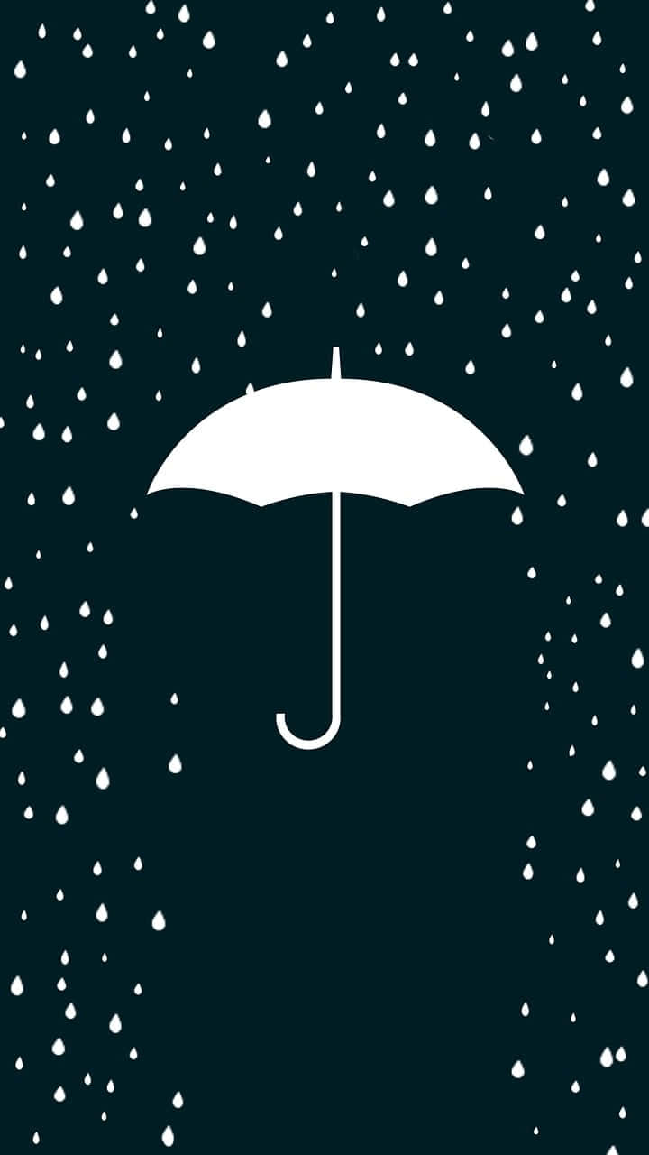  壁紙 — 一把簡約的白色雨傘在深藍綠色背景上抵擋落下的雨點。
