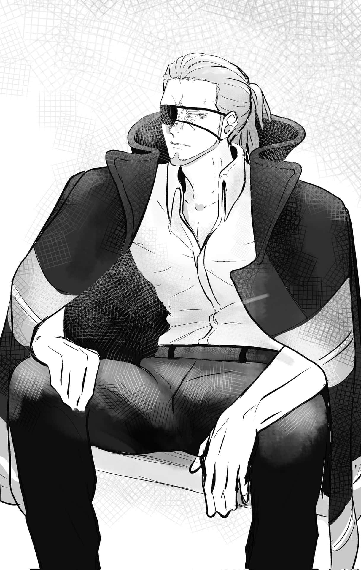  壁紙 — 一個戴著眼罩的黑白動漫男子自信地坐在有紋理的連帽衫中，散發出冷酷的疏離感。
