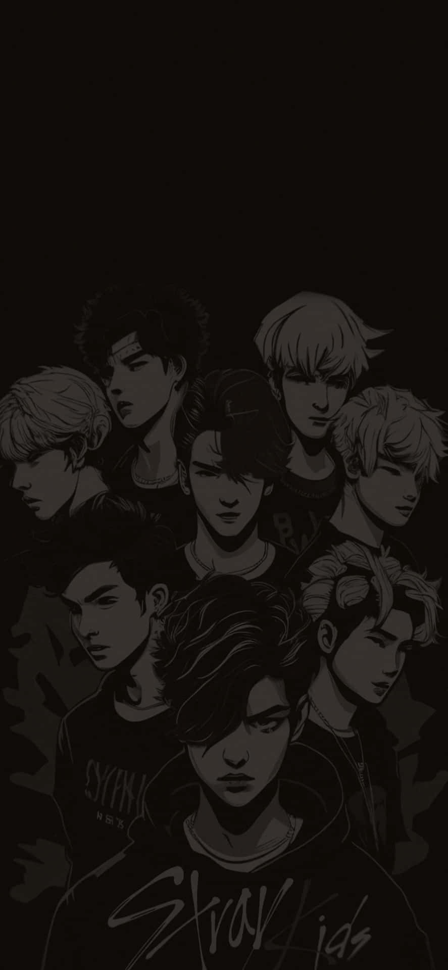 一群單色動漫風格的年輕男性，表情嚴肅。 — Stray kids GIF 壁紙