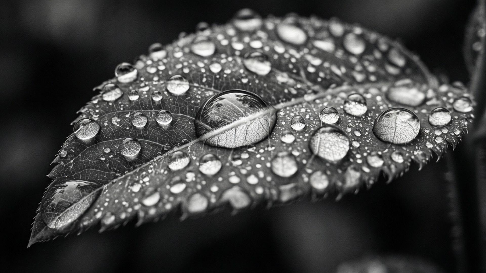 Water Droplets Macro 壁紙 — 一片葉子的單色特寫，葉子上覆蓋著閃閃發光的水滴，反射光線和葉脈。