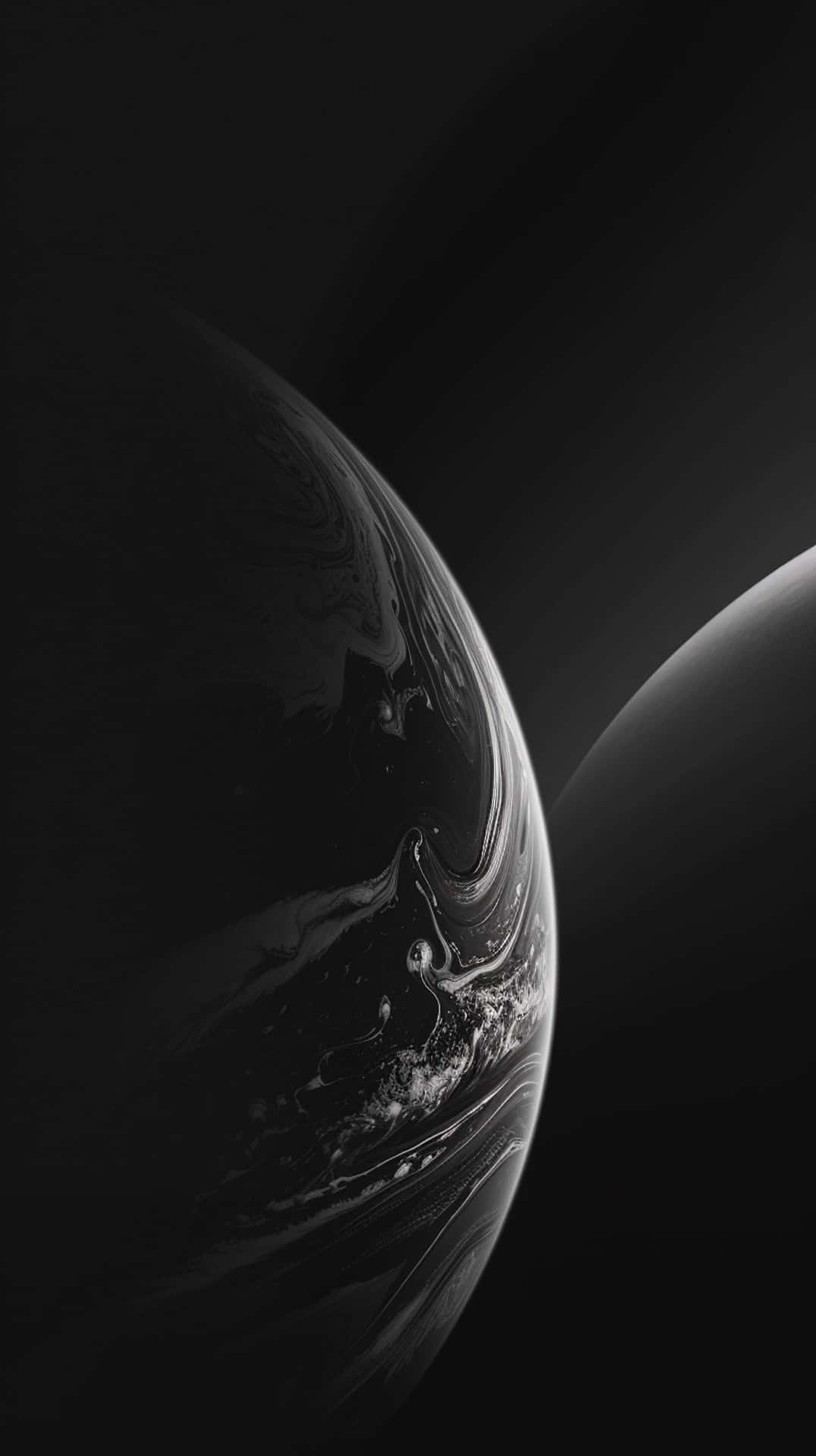 Black iPhone Xr 桌布 壁紙 — 一個單色星球，帶有旋轉的深色和淺色圖案，在虛空中彎曲，附近有一個較小的天體。